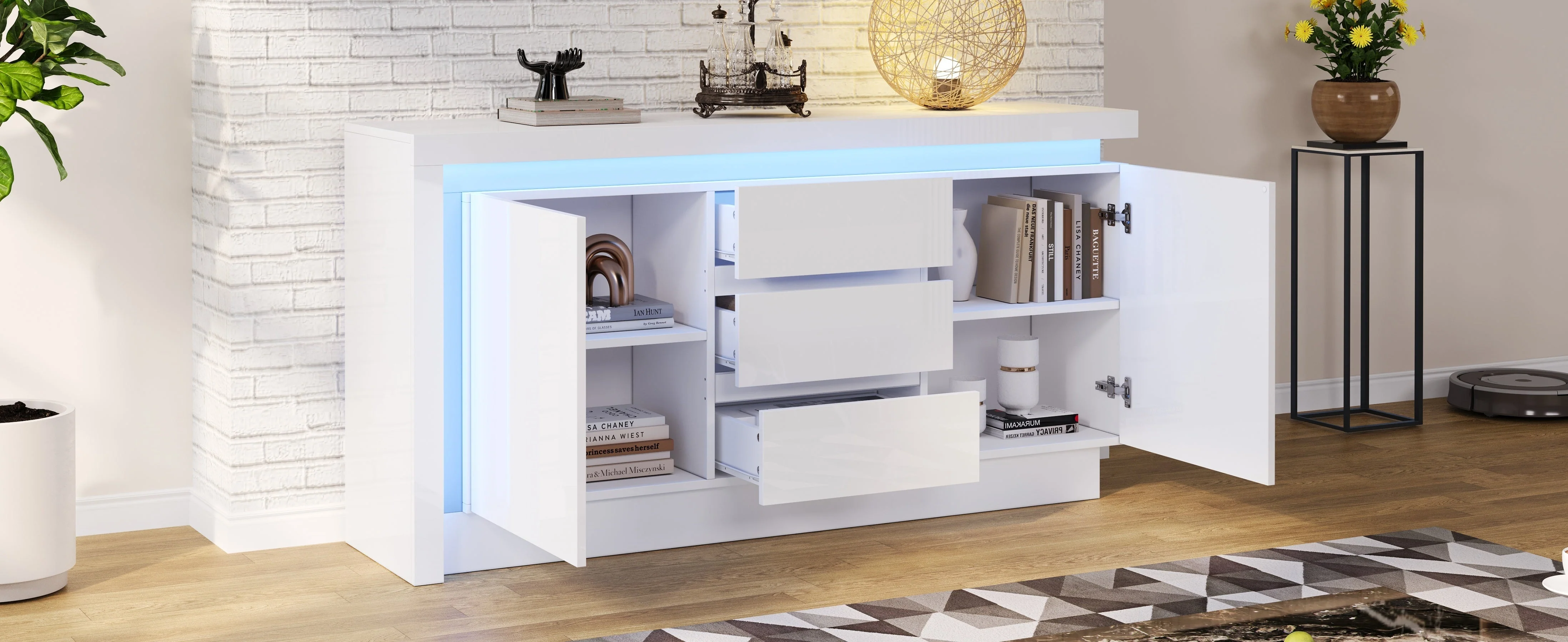 Sideboard, 140x35x72cm, 3 Drawers, 2 Doors, Adjustable Shelves, LED, High-Gloss White - Image 6