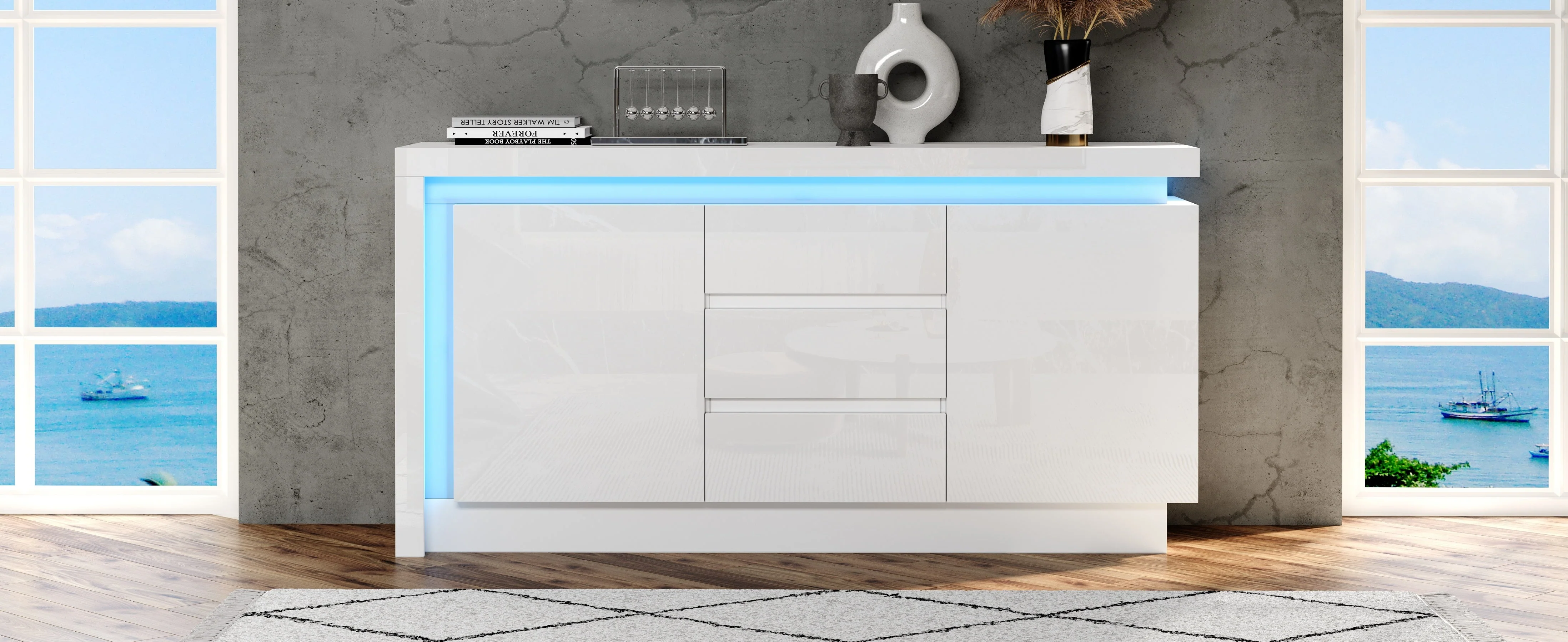 Sideboard, 140x35x72cm, 3 Drawers, 2 Doors, Adjustable Shelves, LED, High-Gloss White - Image 7