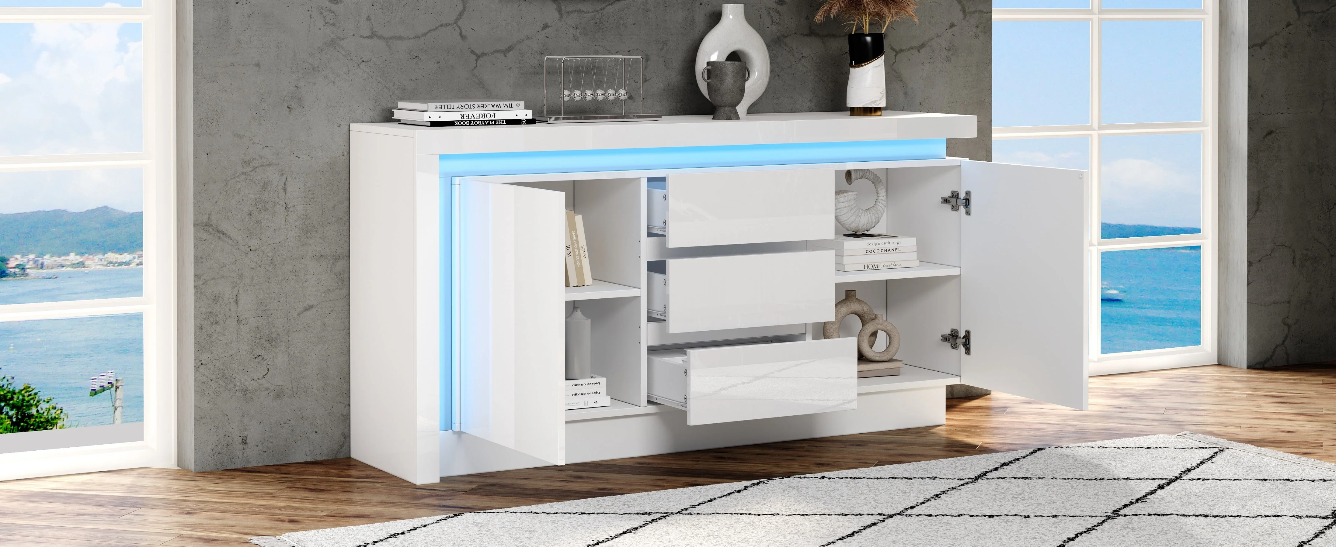 Sideboard, 140x35x72cm, 3 Drawers, 2 Doors, Adjustable Shelves, LED, High-Gloss White - Image 9