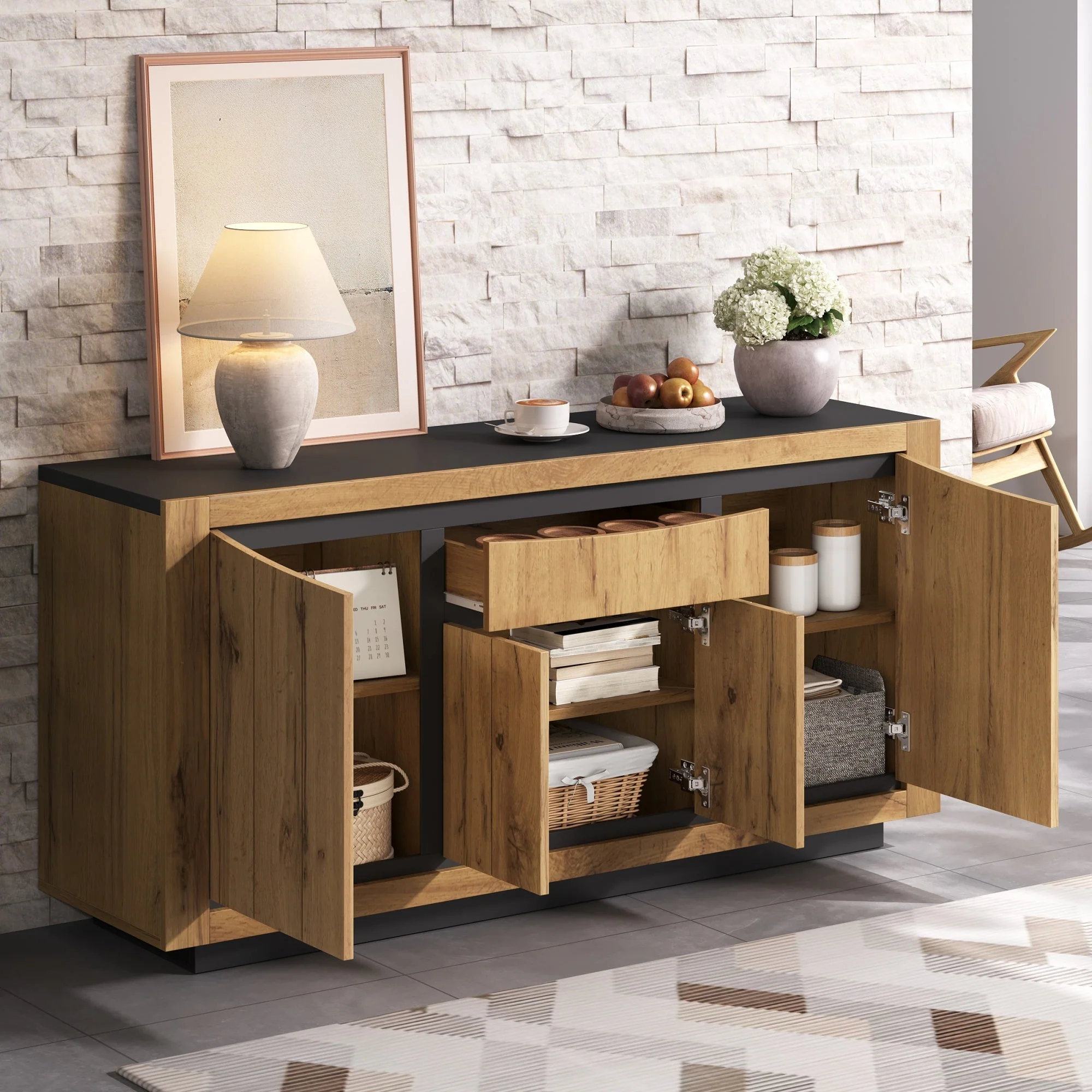 Sideboard 140x52cm 4 Doors 1 Drawer Handleless Storage Wood/Black - Image 6