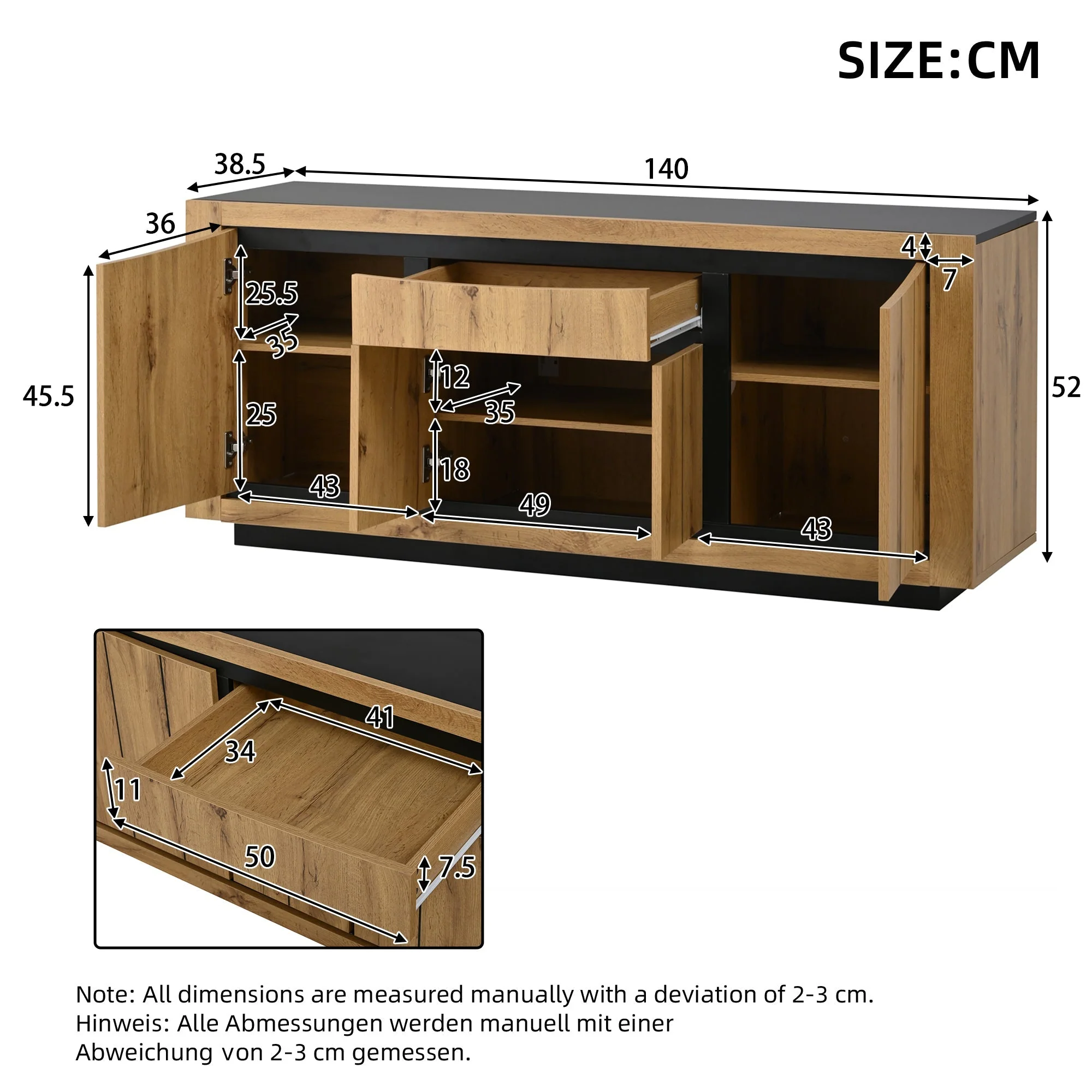 Sideboard 140x52cm 4 Doors 1 Drawer Handleless Storage Wood/Black - Image 7