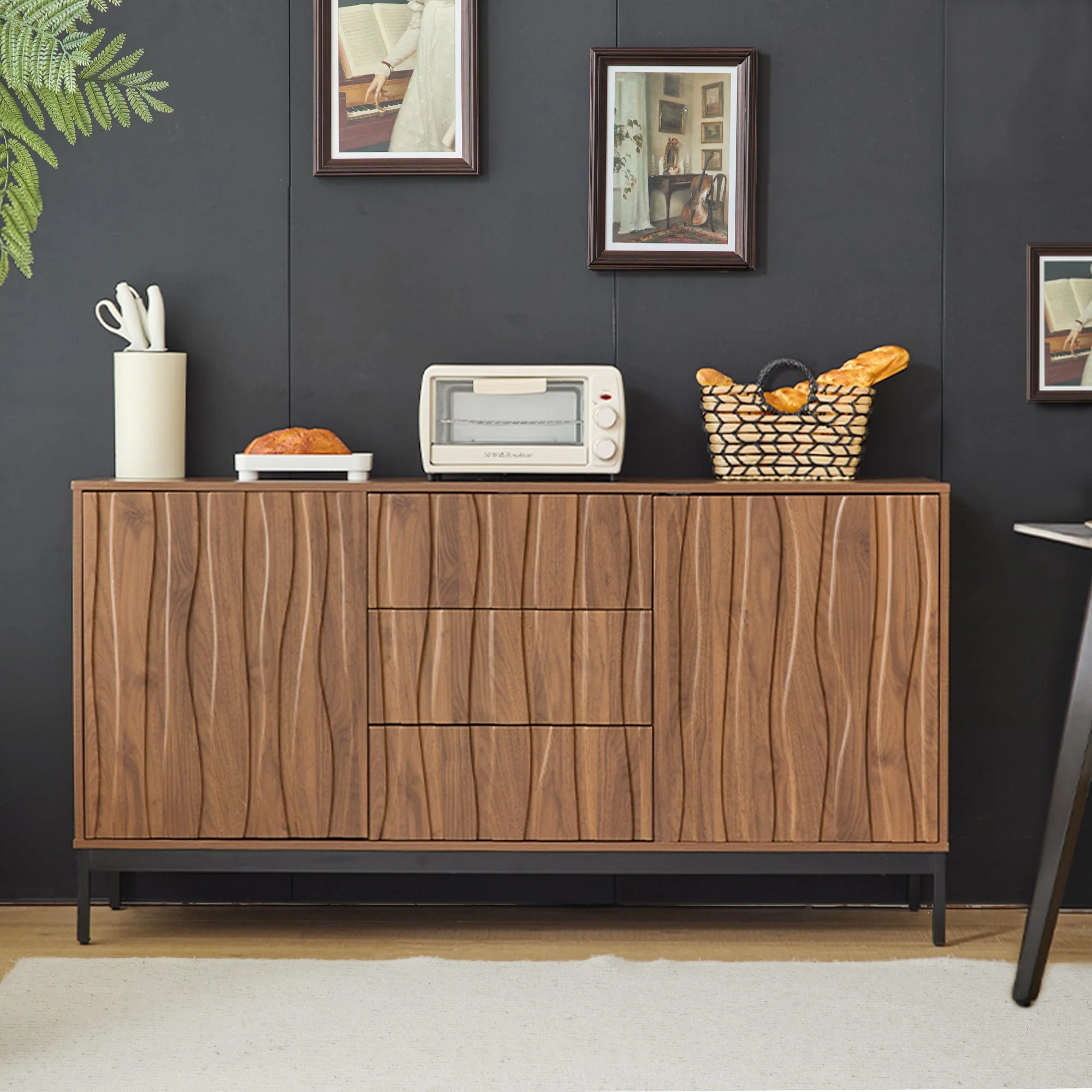 Sideboard 150cm with 3 Drawers and One-Piece Cutout, Dark Grained Oak - Image 4