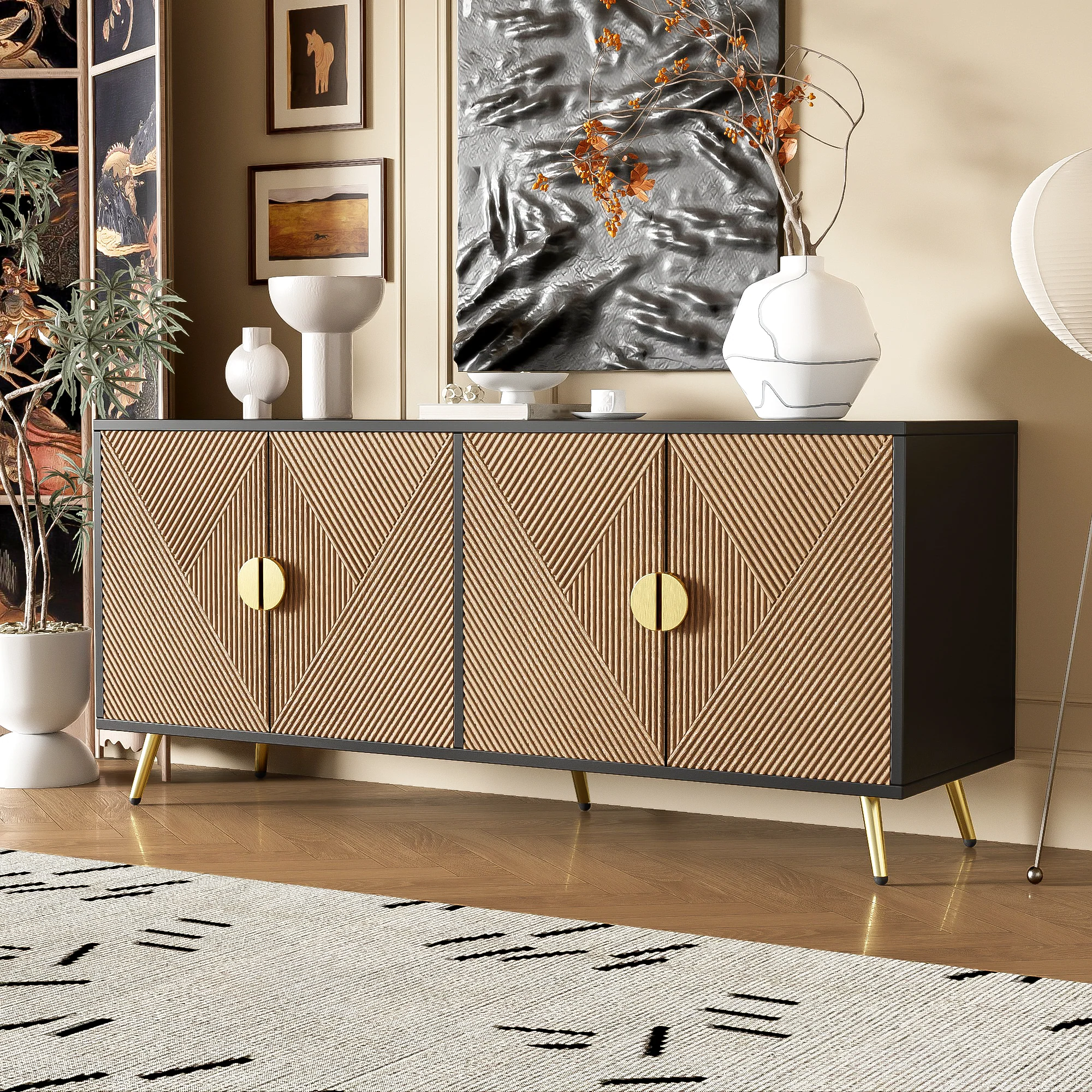 Sideboard, 160 cm, Four Doors, Golden Brushed Handles, High-Gloss Table Legs - Image 3