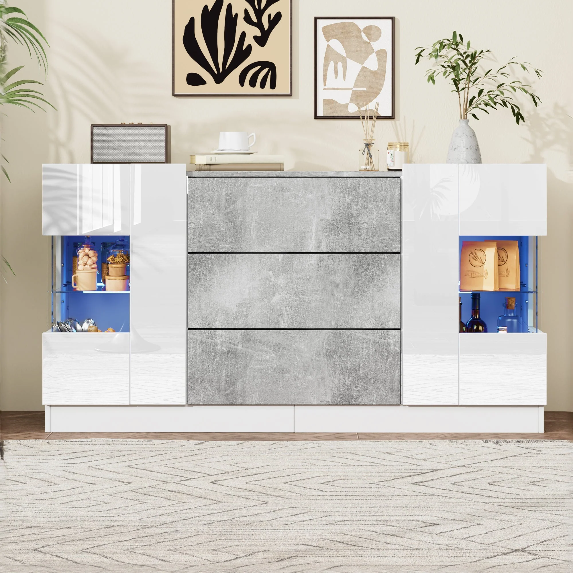 Sideboard, 2 Doors 3 Drawers LED Lighting, High-Gloss White & Grey Marble