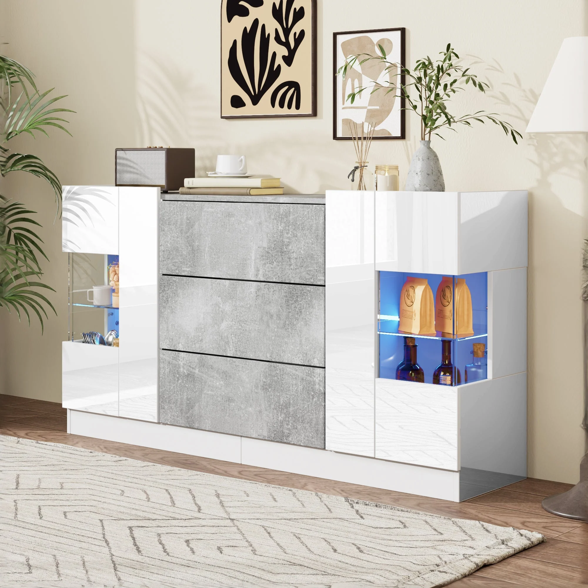 Sideboard, 2 Doors 3 Drawers LED Lighting, High-Gloss White & Grey Marble - Image 3