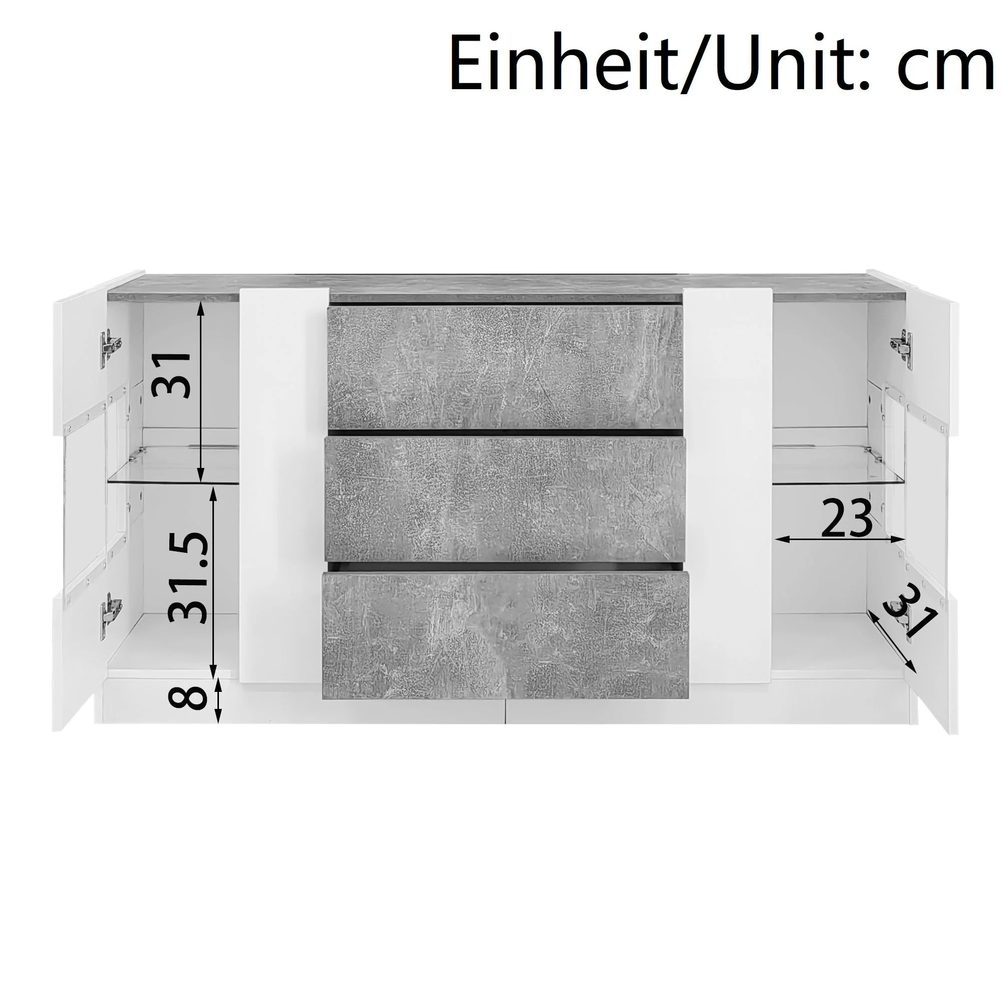 Sideboard, 2 Doors 3 Drawers LED Lighting, High-Gloss White & Grey Marble - Image 6