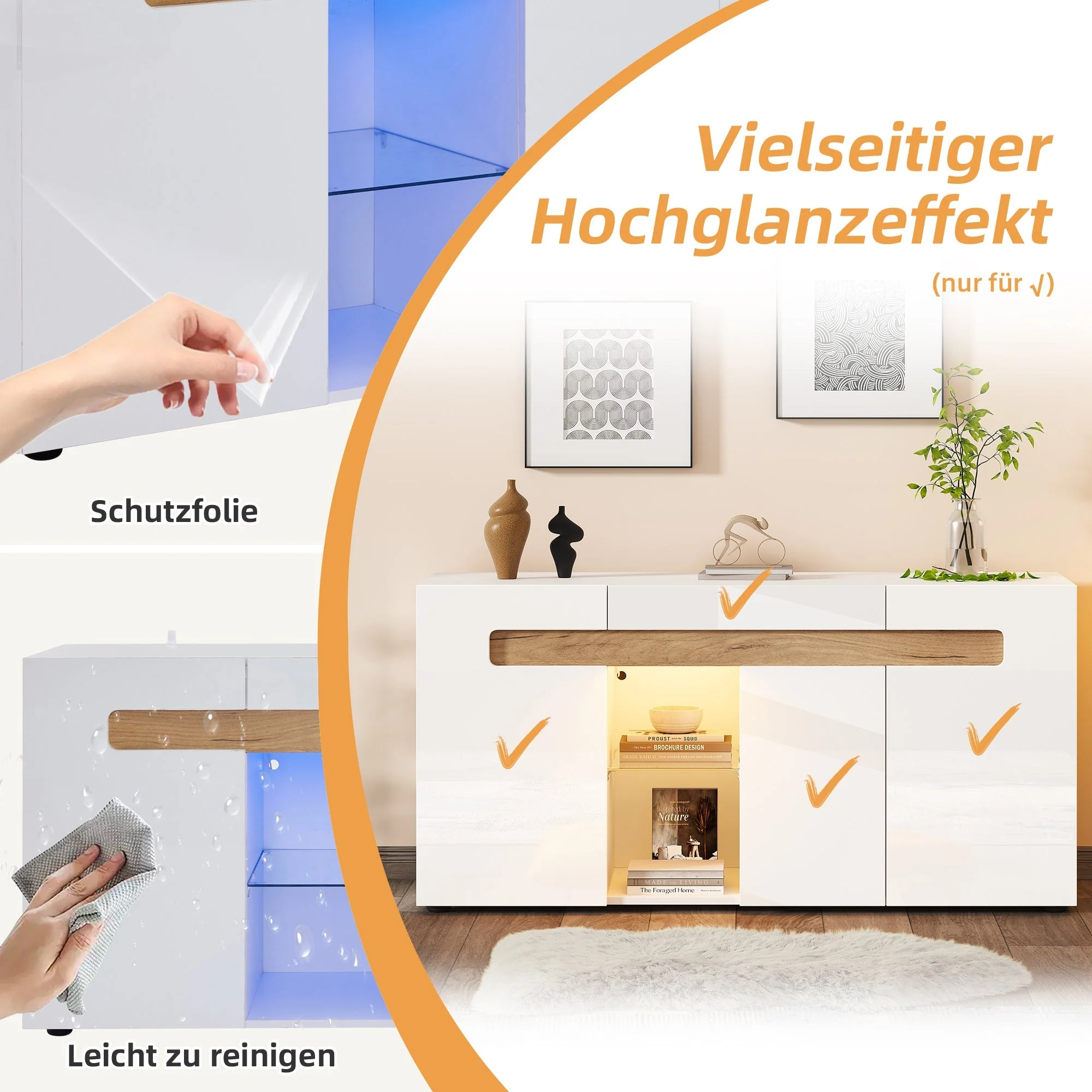 Sideboard 3-Door LED Control 140x40x70cm High-Gloss White - Image 5
