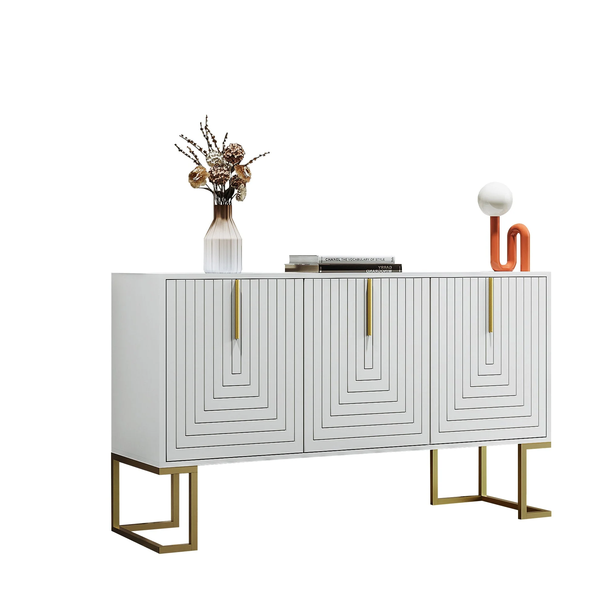 Sideboard, 3-Door with Adjustable Shelves, U-Shaped Cabinet Doors, Metal Handles, White - Image 4