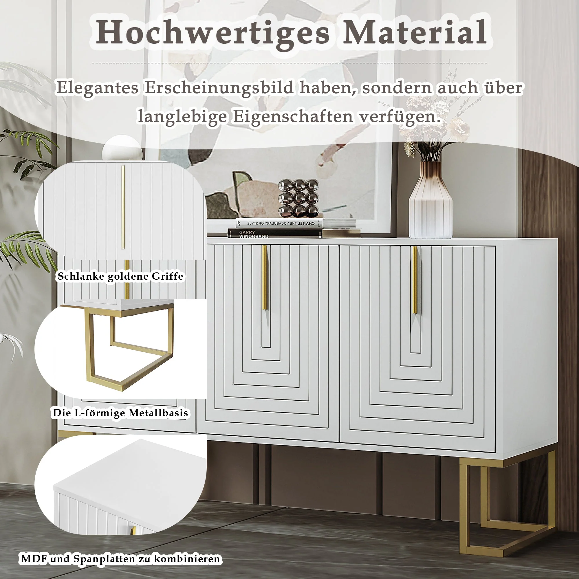 Sideboard, 3-Door with Adjustable Shelves, U-Shaped Cabinet Doors, Metal Handles, White - Image 8