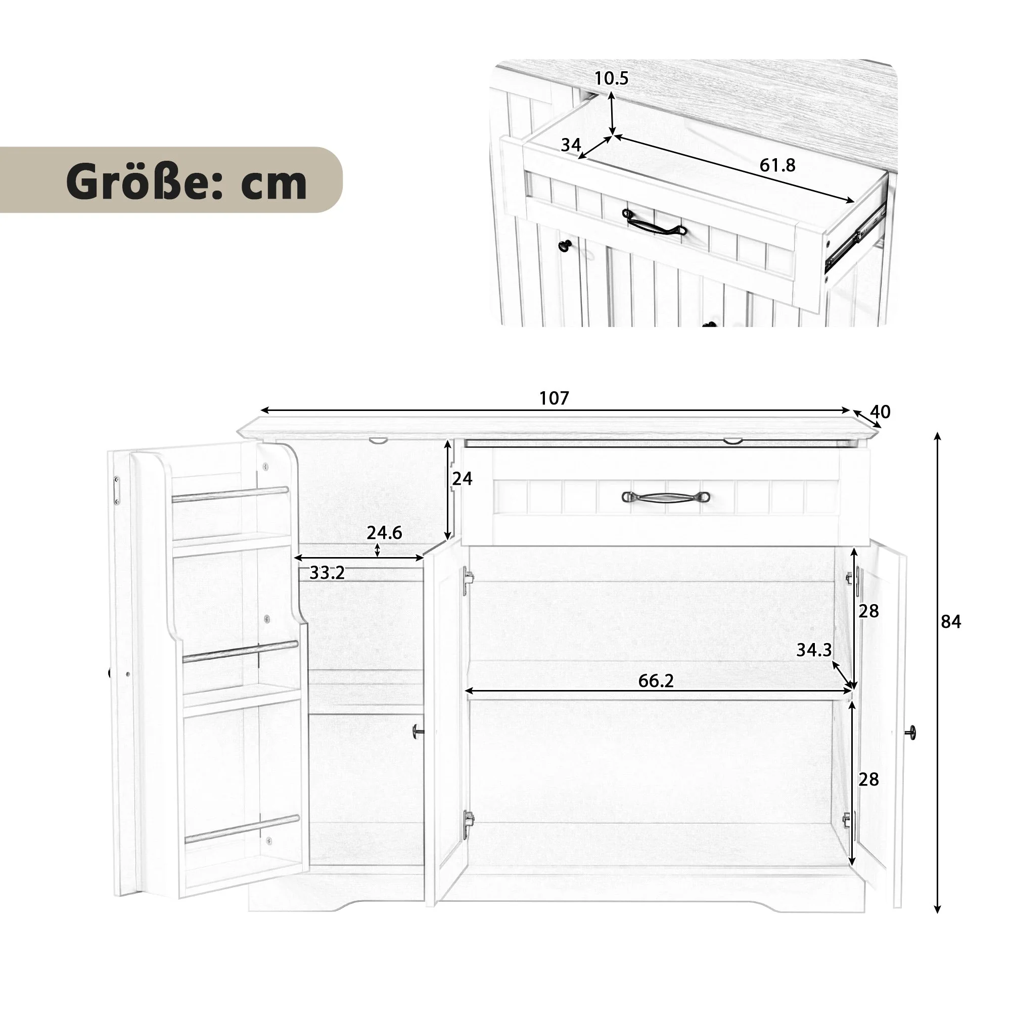 Sideboard 3 Doors 1 Drawer Storage Cabinet - White/Natural - Image 5