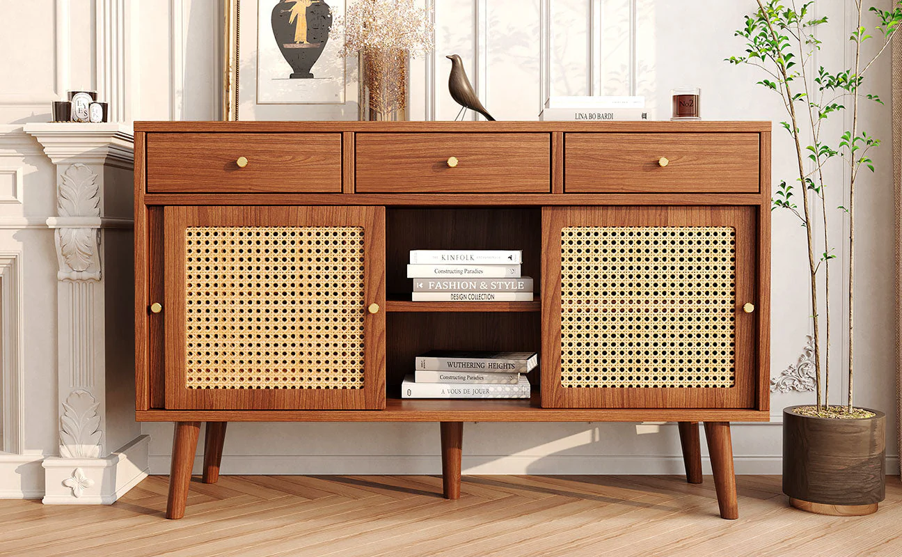 Sideboard 3 Drawer 3 Sliding Door Rattan Weave - Walnut - Image 9