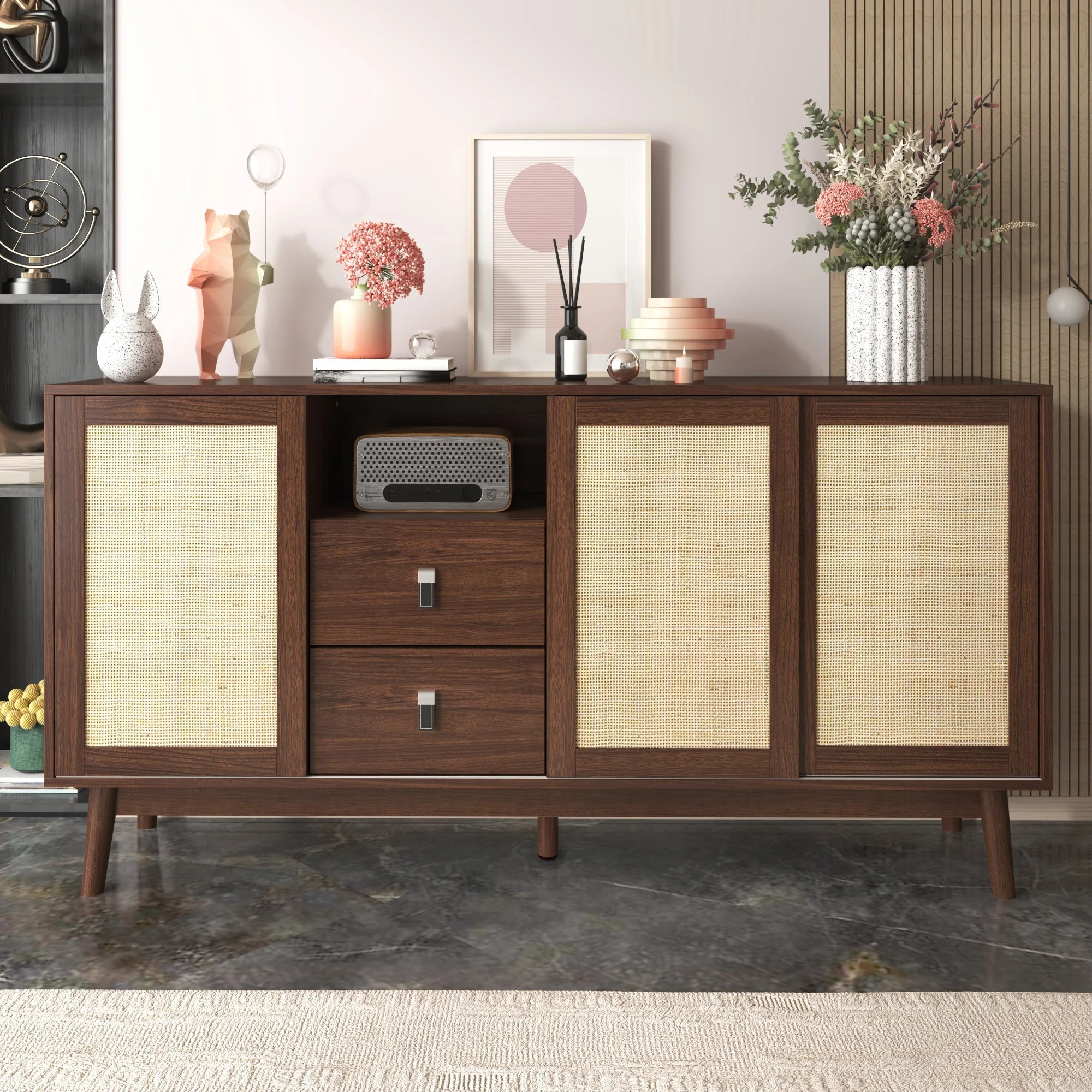 Sideboard, 3 Sliding Rattan Doors, 2 Drawers, Dark Wood - Image 3