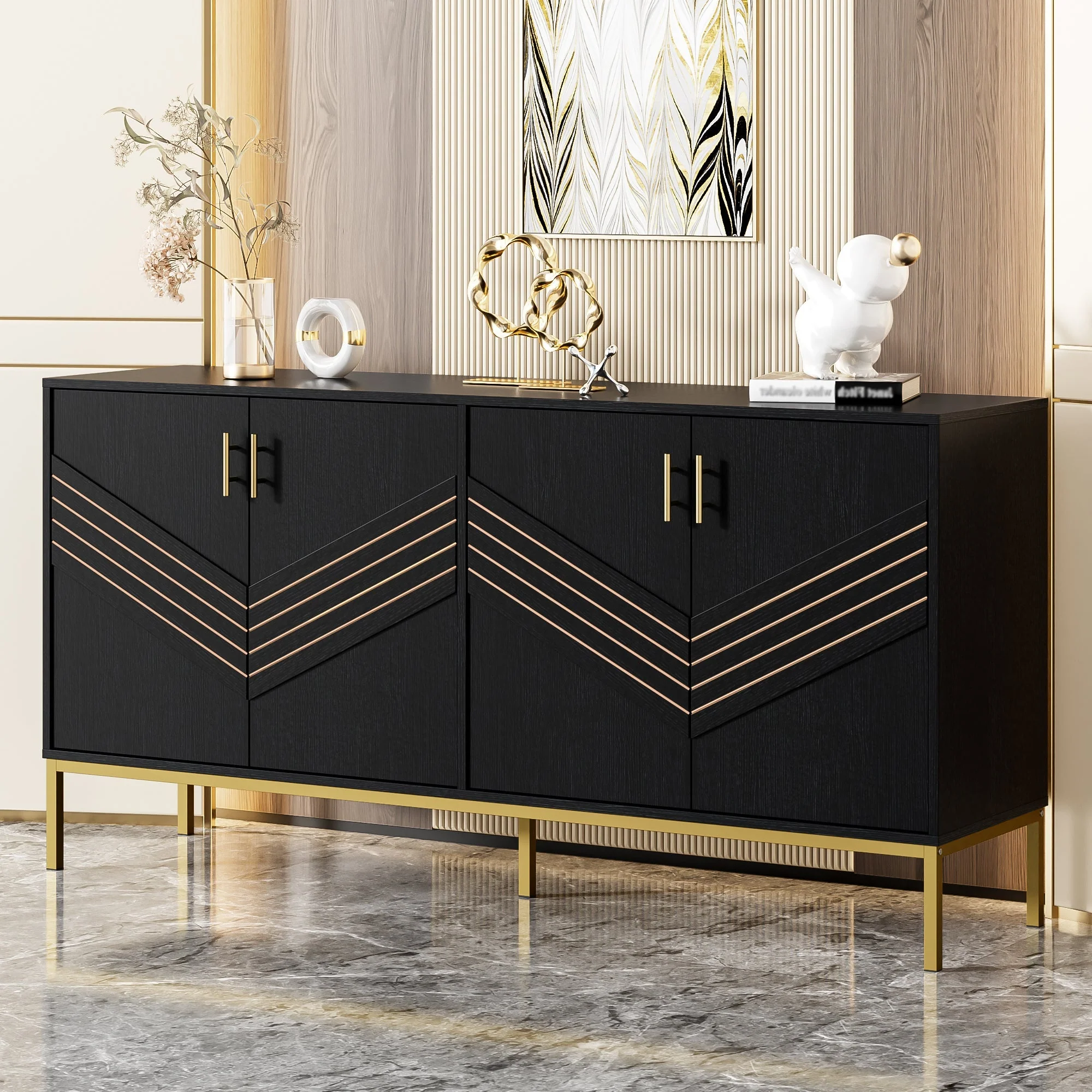 Sideboard, 4-Door Modern Large Capacity with Adjustable Shelves, Black and Gold MDF - Image 2