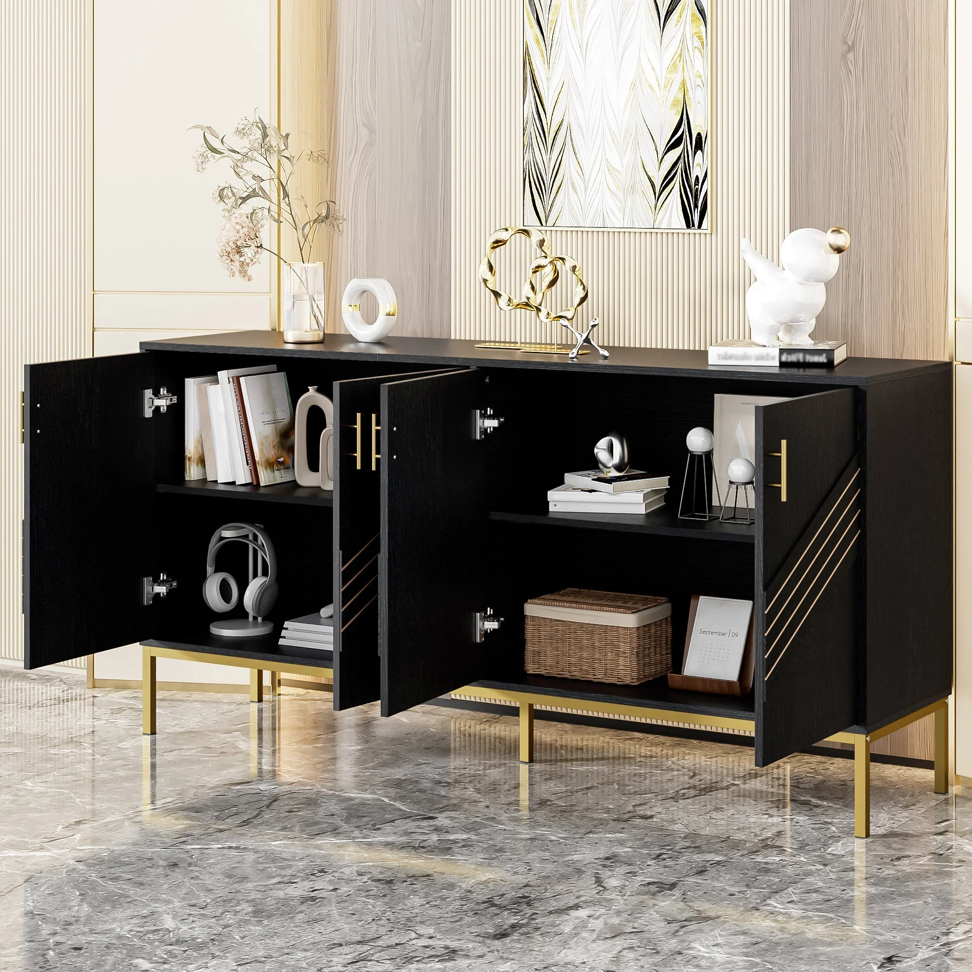 Sideboard, 4-Door Modern Large Capacity with Adjustable Shelves, Black and Gold MDF - Image 3