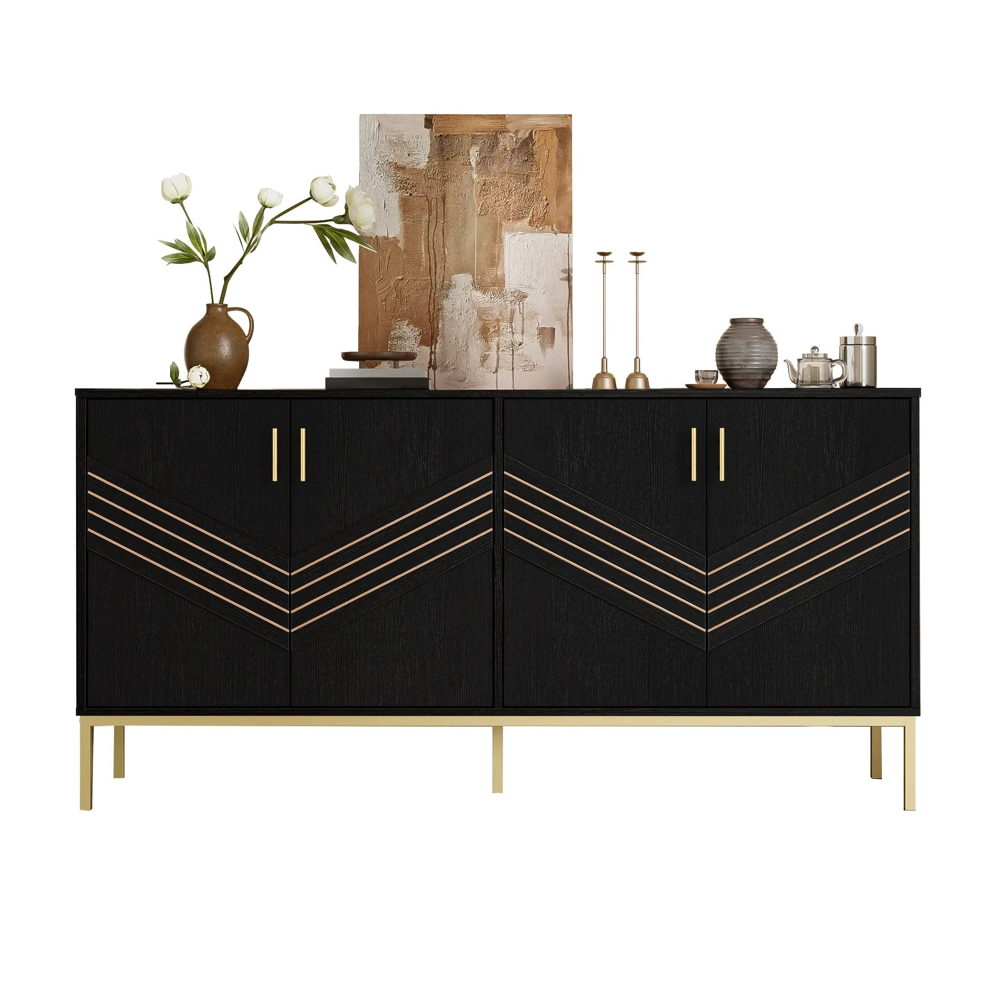 Sideboard, 4-Door Modern Large Capacity with Adjustable Shelves, Black and Gold MDF - Image 4