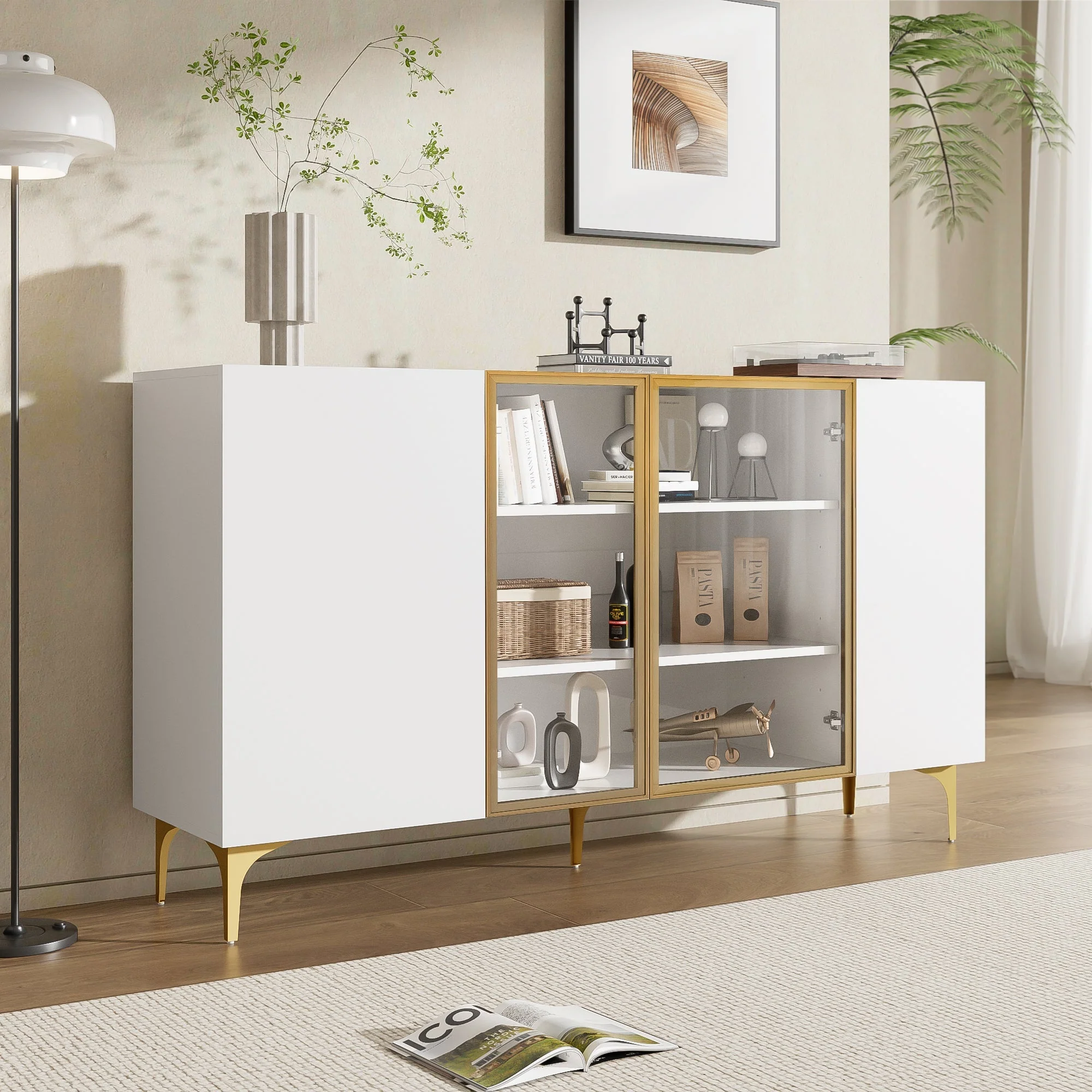 Sideboard, 4-Door with Glass & Metal, Handleless, White - Image 2