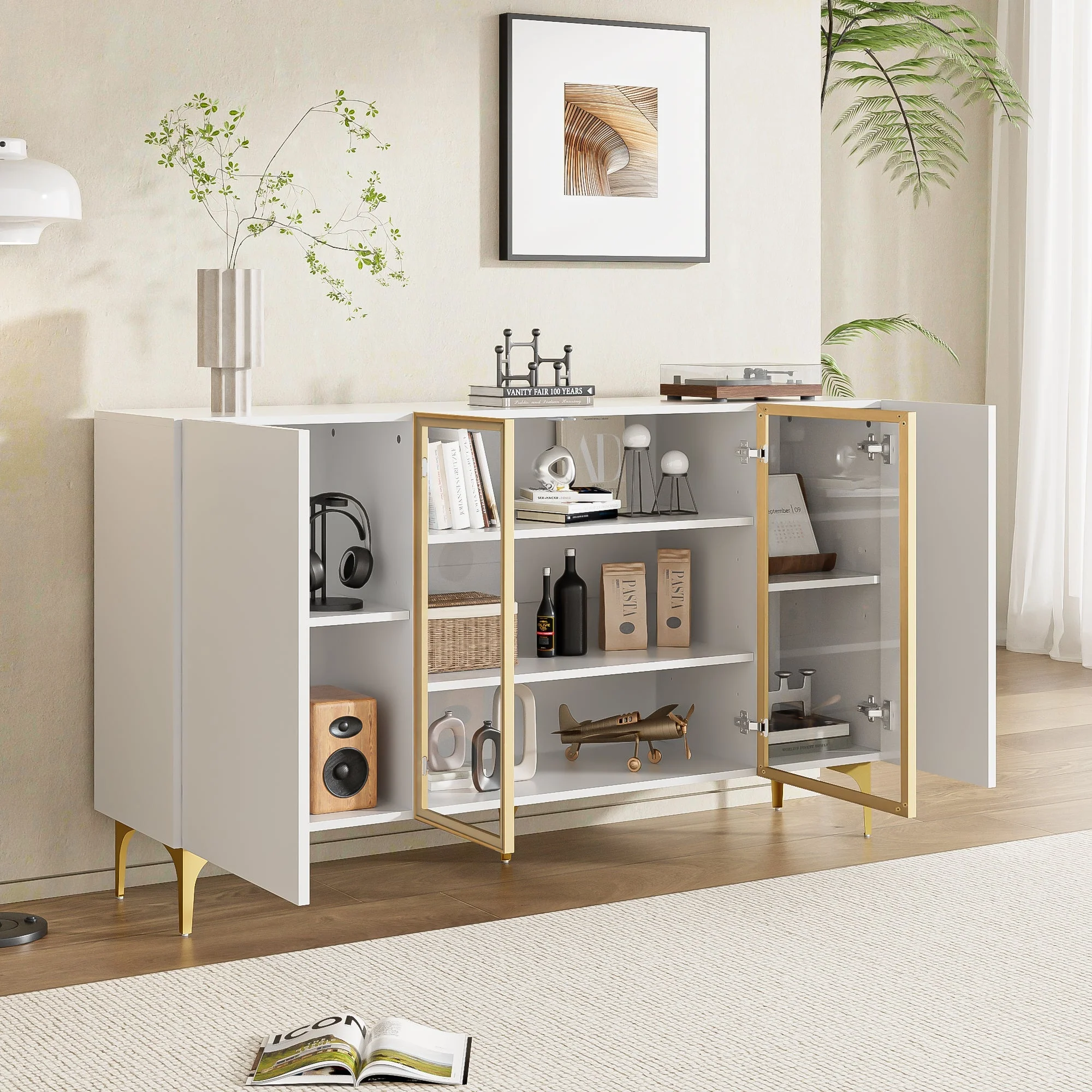 Sideboard, 4-Door with Glass & Metal, Handleless, White - Image 3