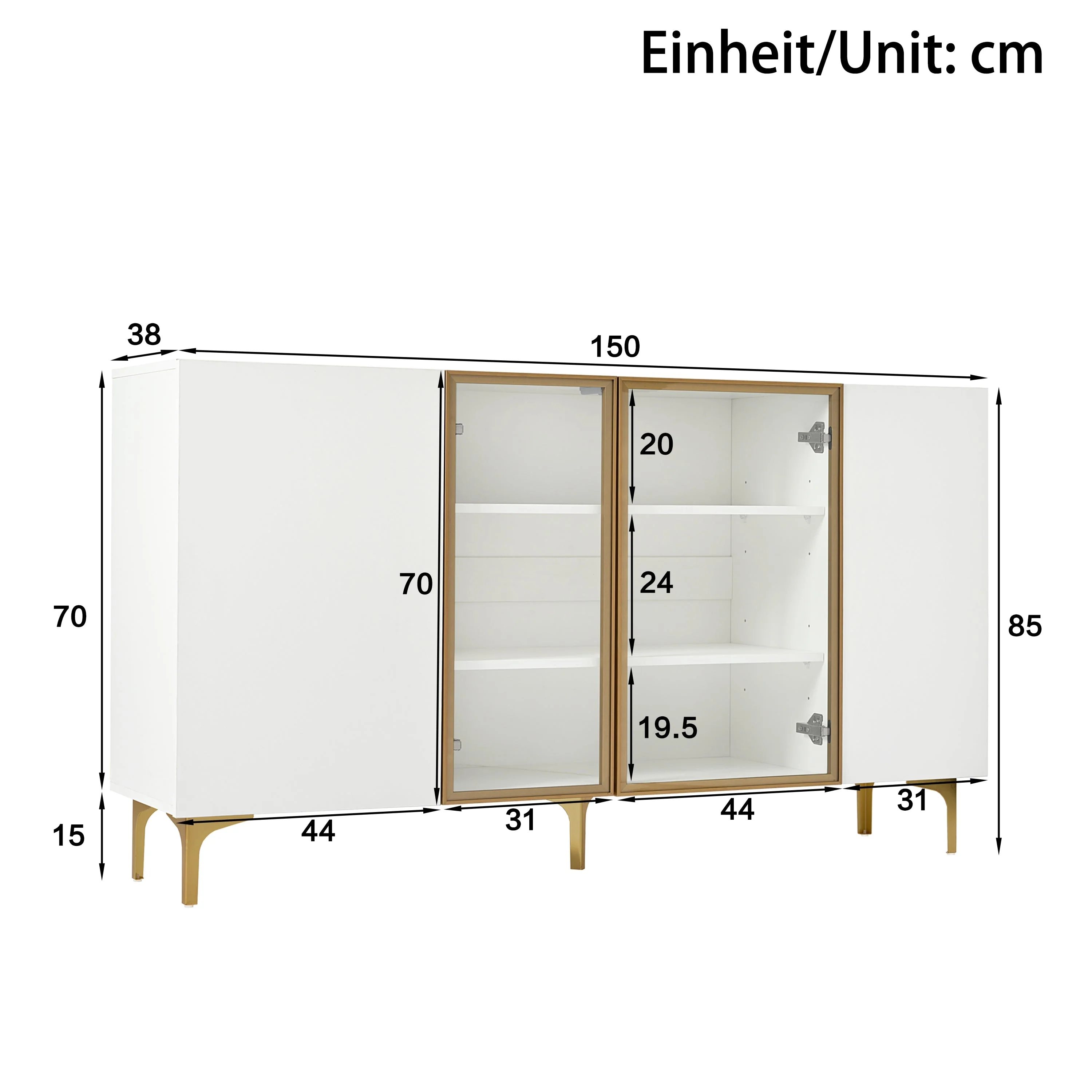 Sideboard, 4-Door with Glass & Metal, Handleless, White - Image 4