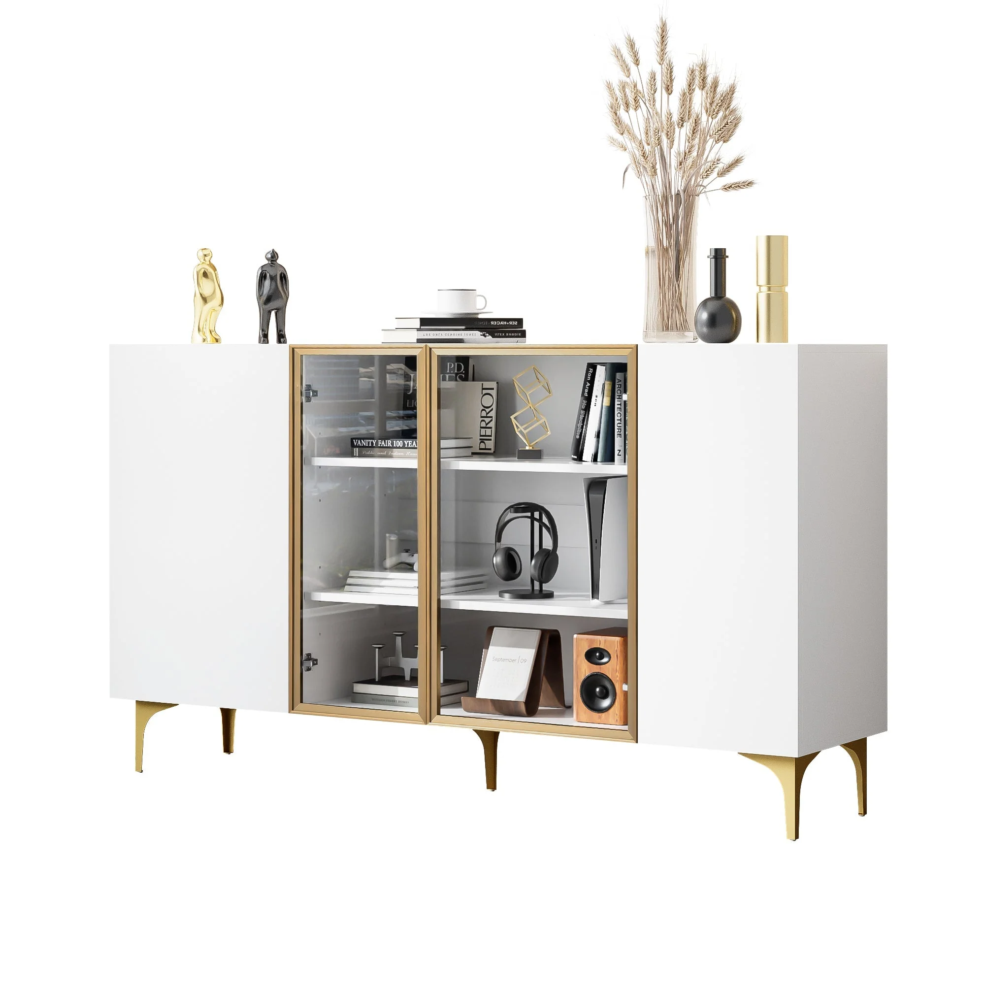 Sideboard, 4-Door with Glass & Metal, Handleless, White - Image 5