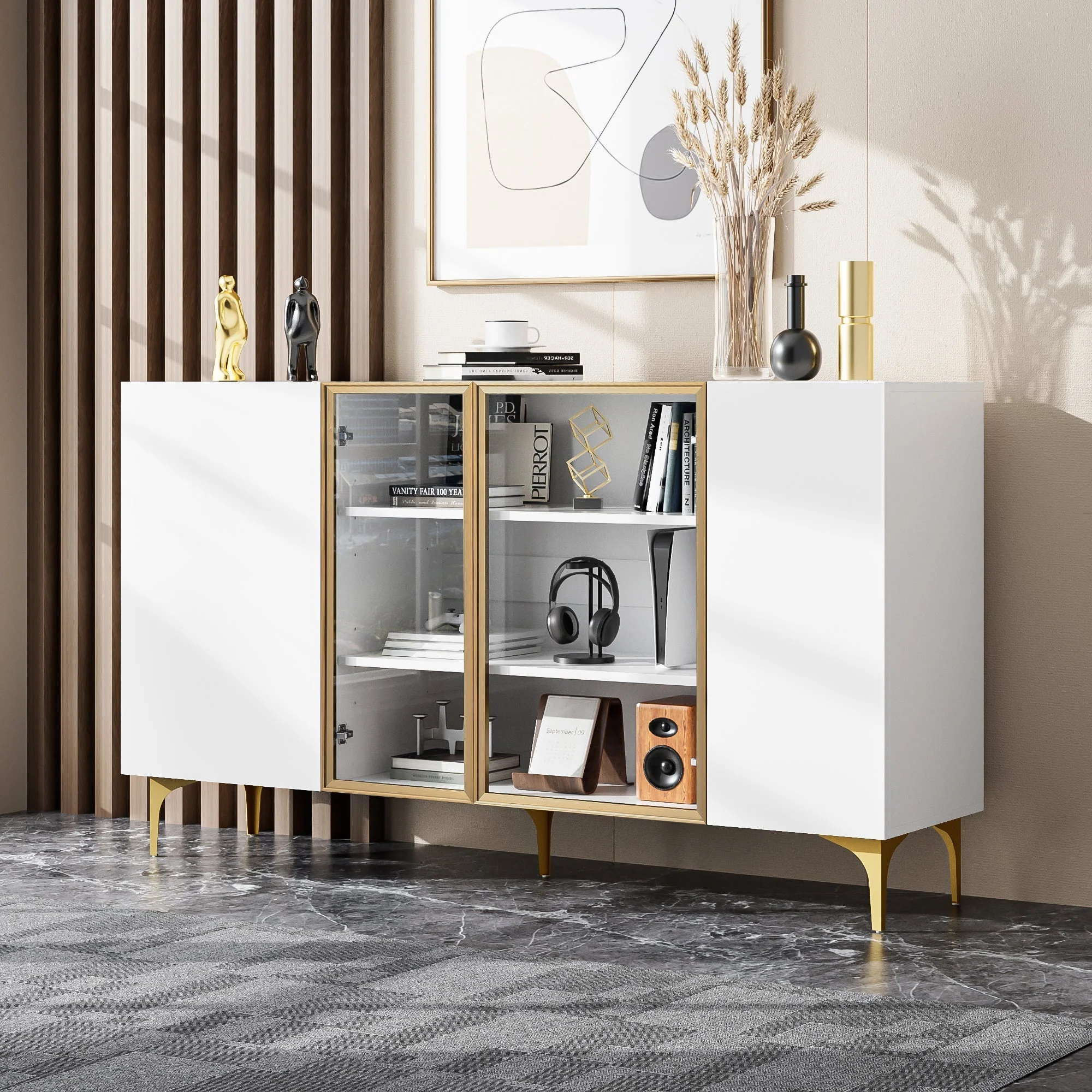 Sideboard, 4-Door with Glass & Metal, Handleless, White - Image 6