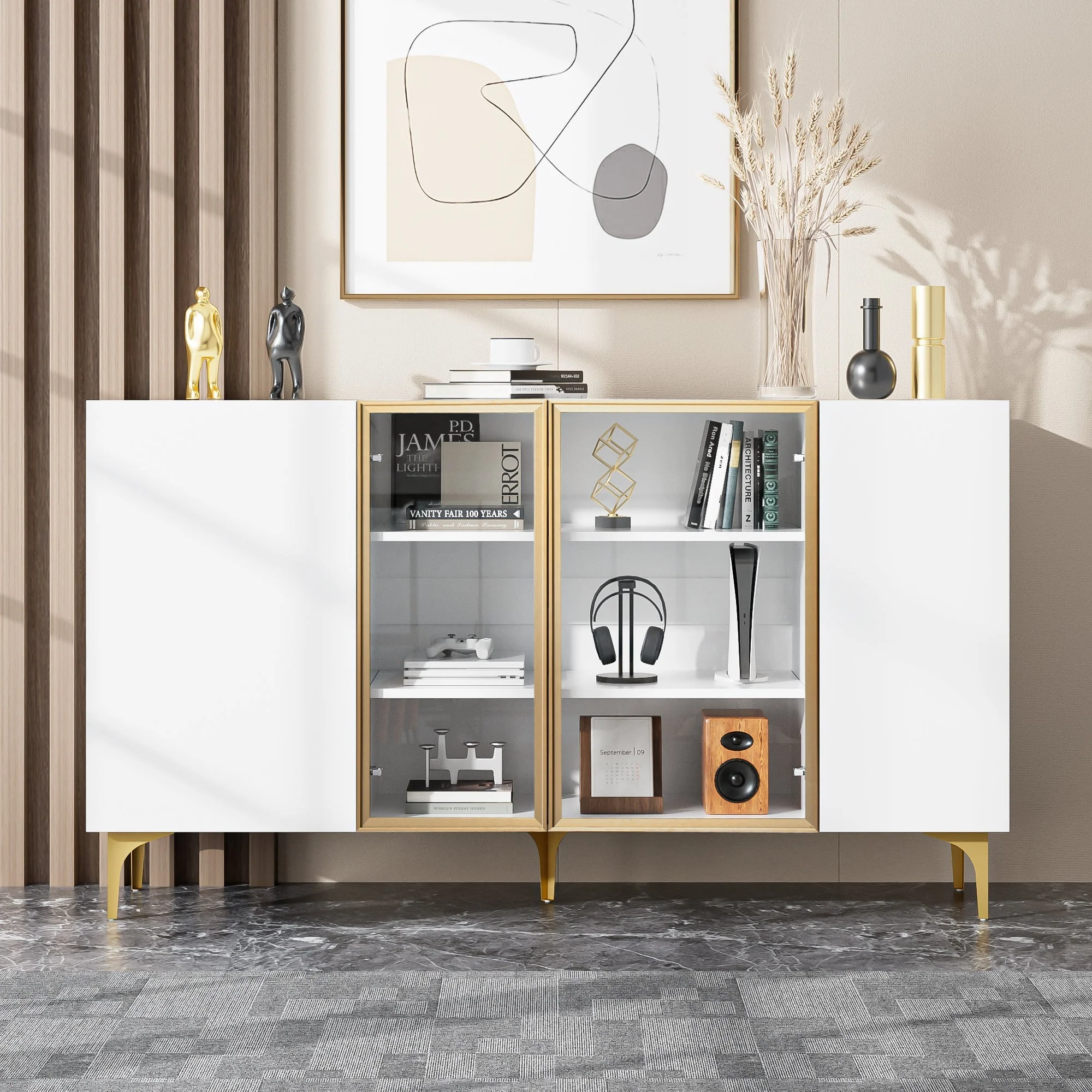 Sideboard, 4-Door with Glass & Metal, Handleless, White - Image 7