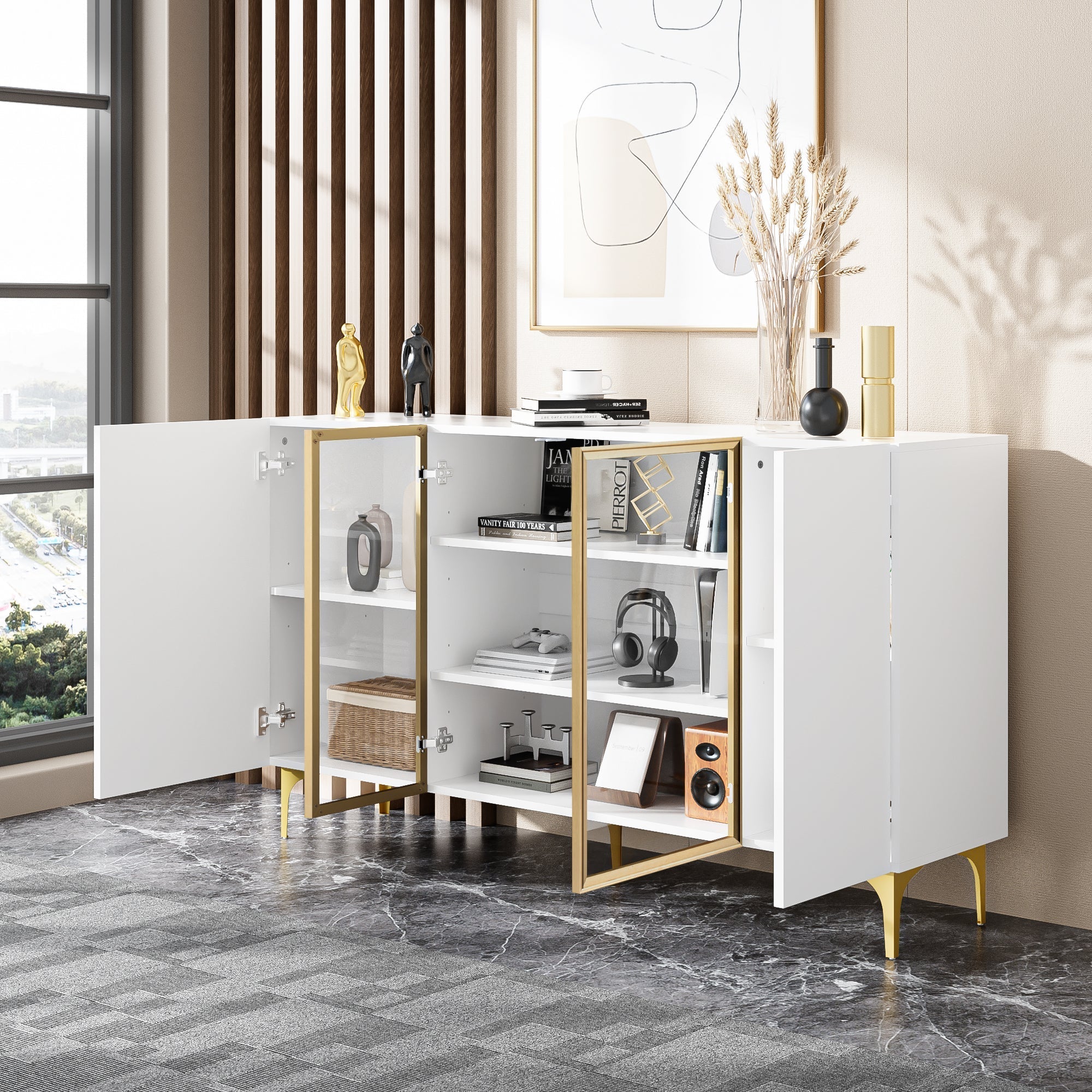 Sideboard, 4-Door with Glass & Metal, Handleless, White - Image 8