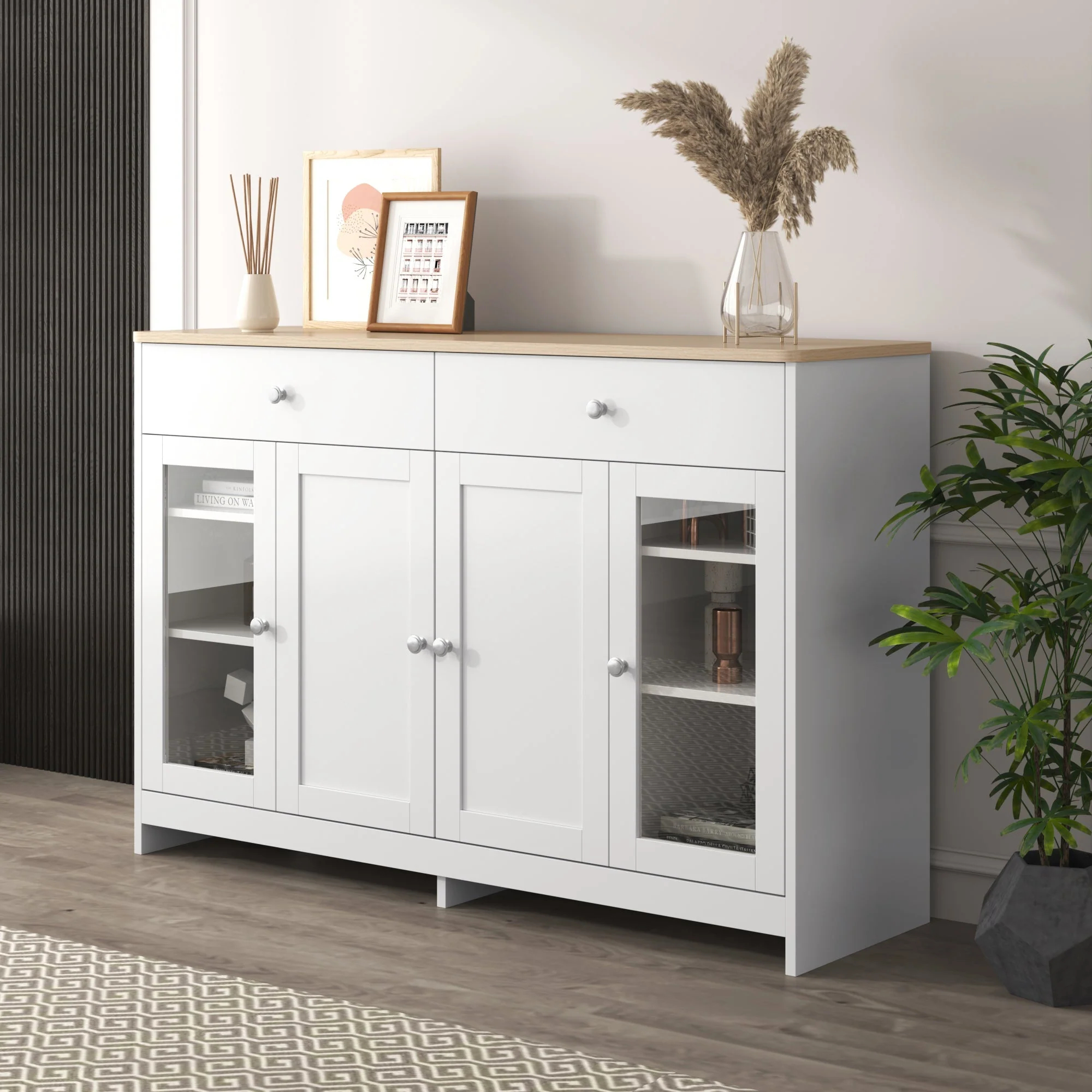 Sideboard, 4 Doors, 2 Drawers, Glass Door, White Wood - Image 6