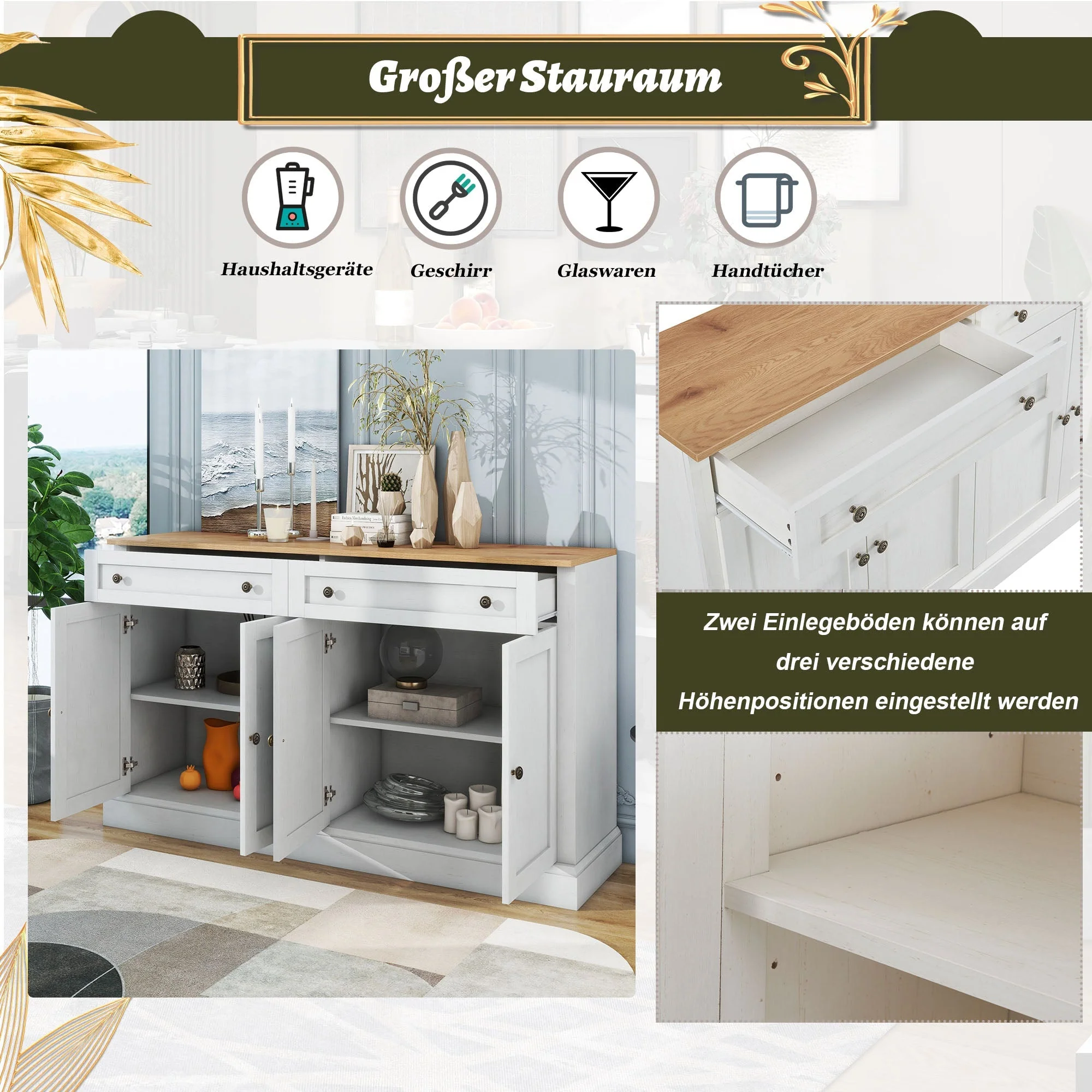 Sideboard, 4 Doors 2 Drawers, Modern Buffet, Antique White + Natural Wood - Image 8