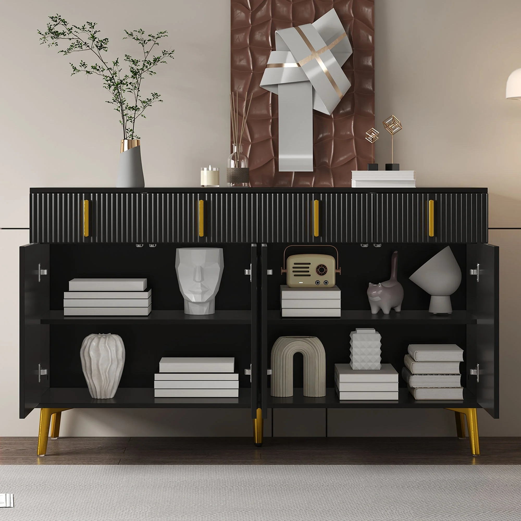 Sideboard, 4 Doors 4 Drawers, Gold Accents - Image 5