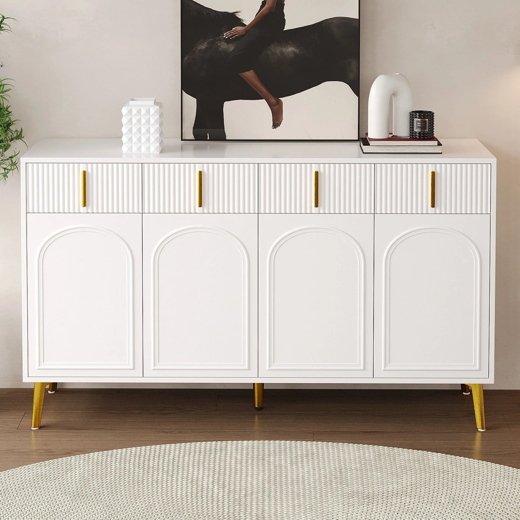 Sideboard, 4 Doors 4 Drawers, Gold Handles Legs, White MDF - Image 4