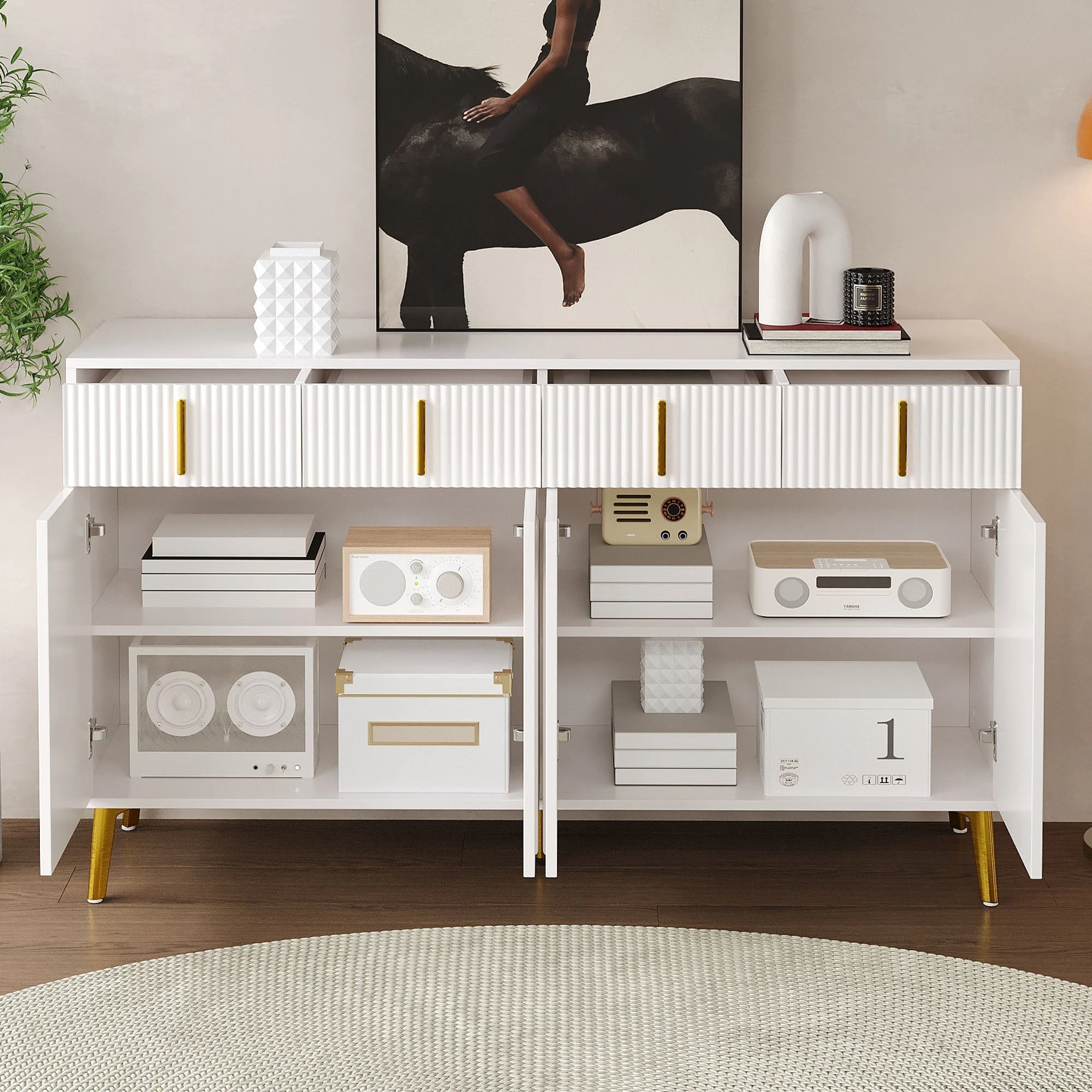 Sideboard, 4 Doors 4 Drawers, Gold Handles Legs, White MDF - Image 5