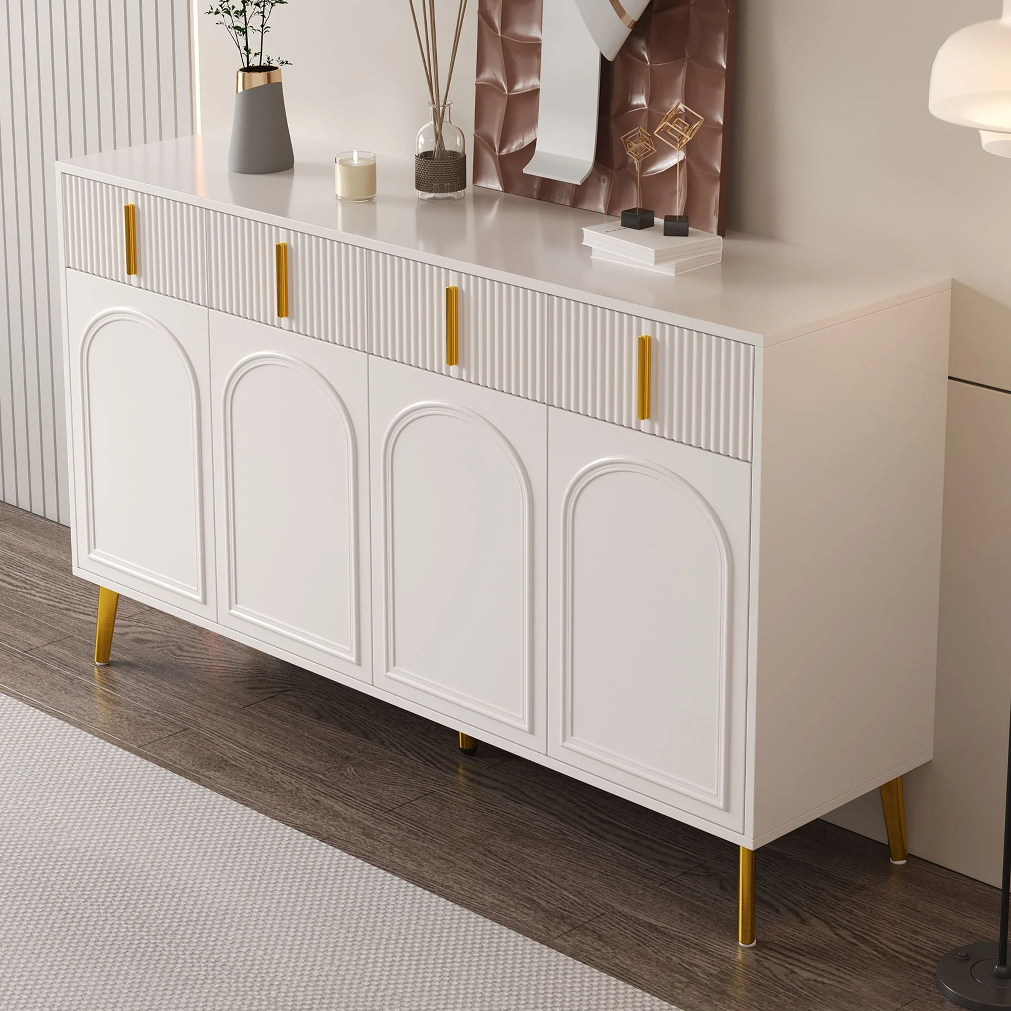 Sideboard, 4 Doors 4 Drawers, Gold Handles Legs, White MDF - Image 7
