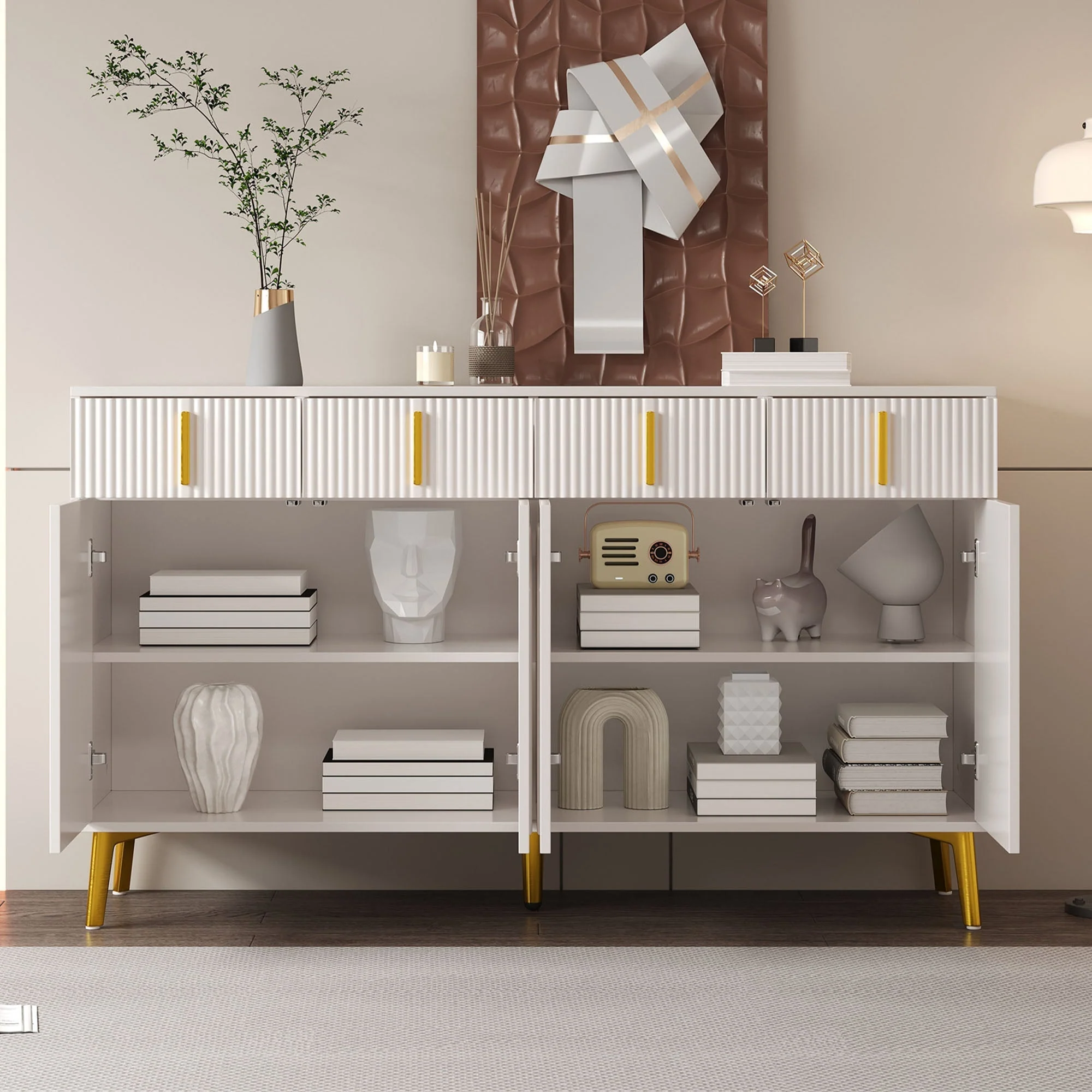 Sideboard, 4 Doors 4 Drawers, Gold Handles Legs, White MDF - Image 8