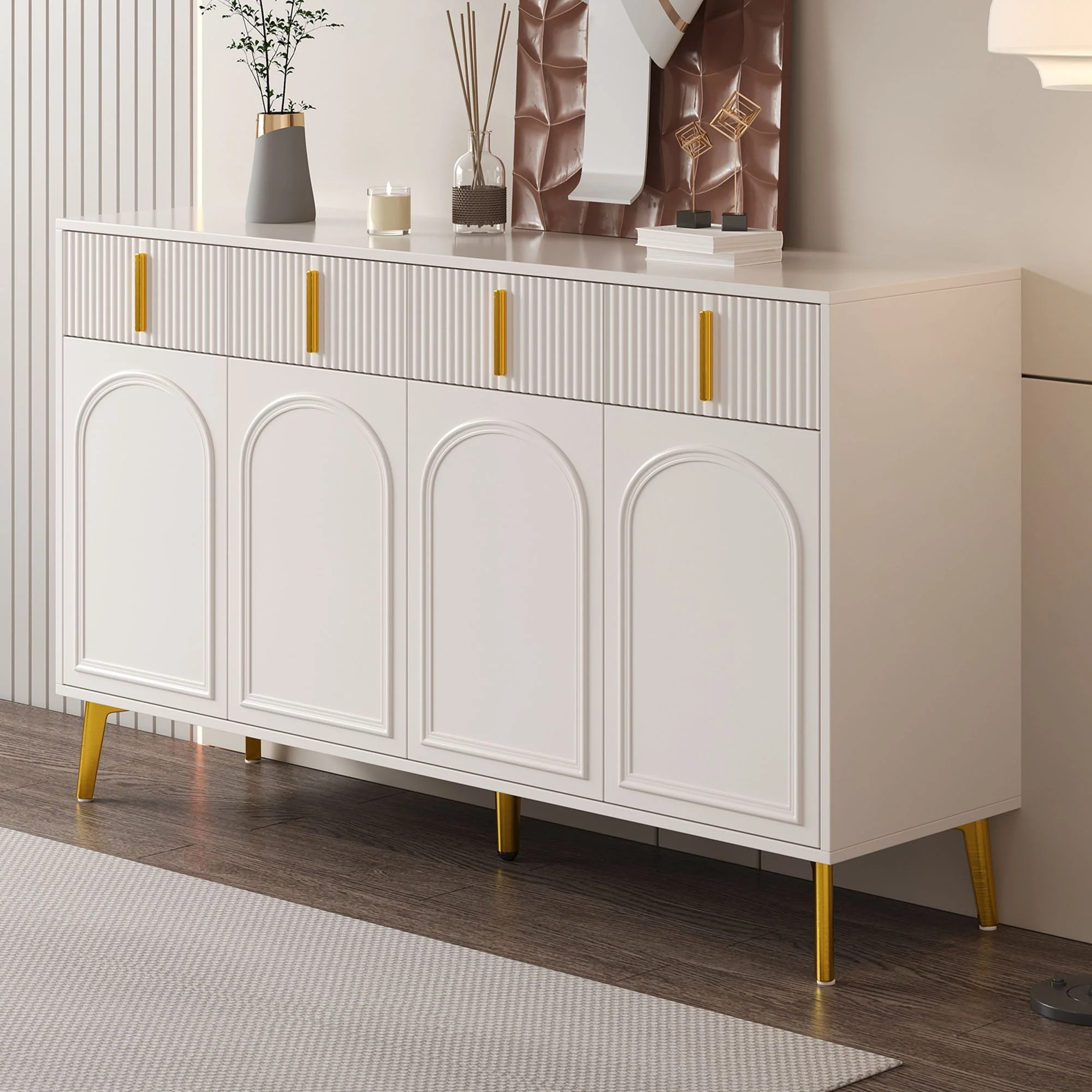 Sideboard, 4 Doors 4 Drawers, Gold Handles Legs, White MDF - Image 9