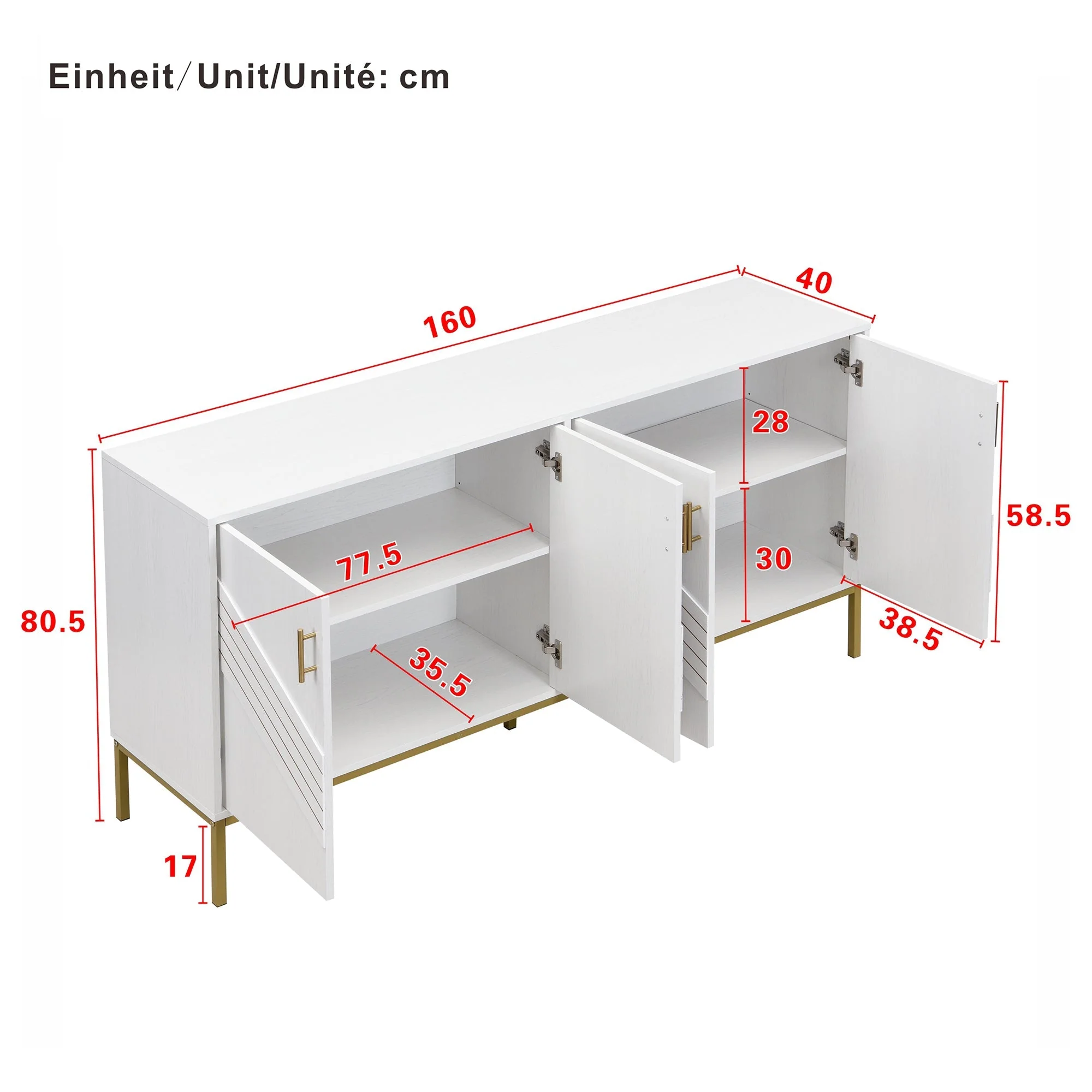 Sideboard, 4 Doors, Large Capacity, Height-Adjustable, White & Gold MDF - Image 4