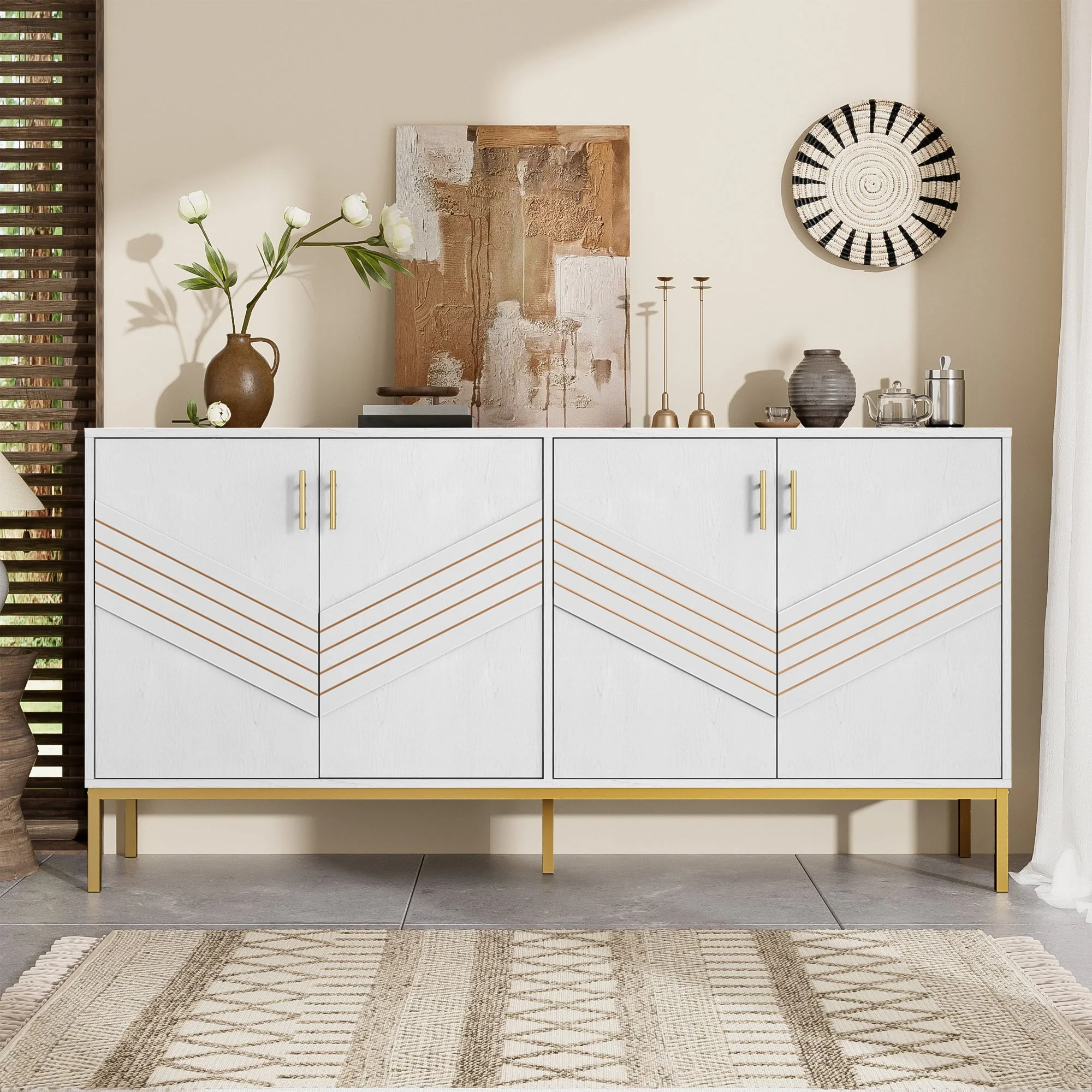Sideboard, 4 Doors, Large Capacity, Height-Adjustable, White & Gold MDF - Image 6