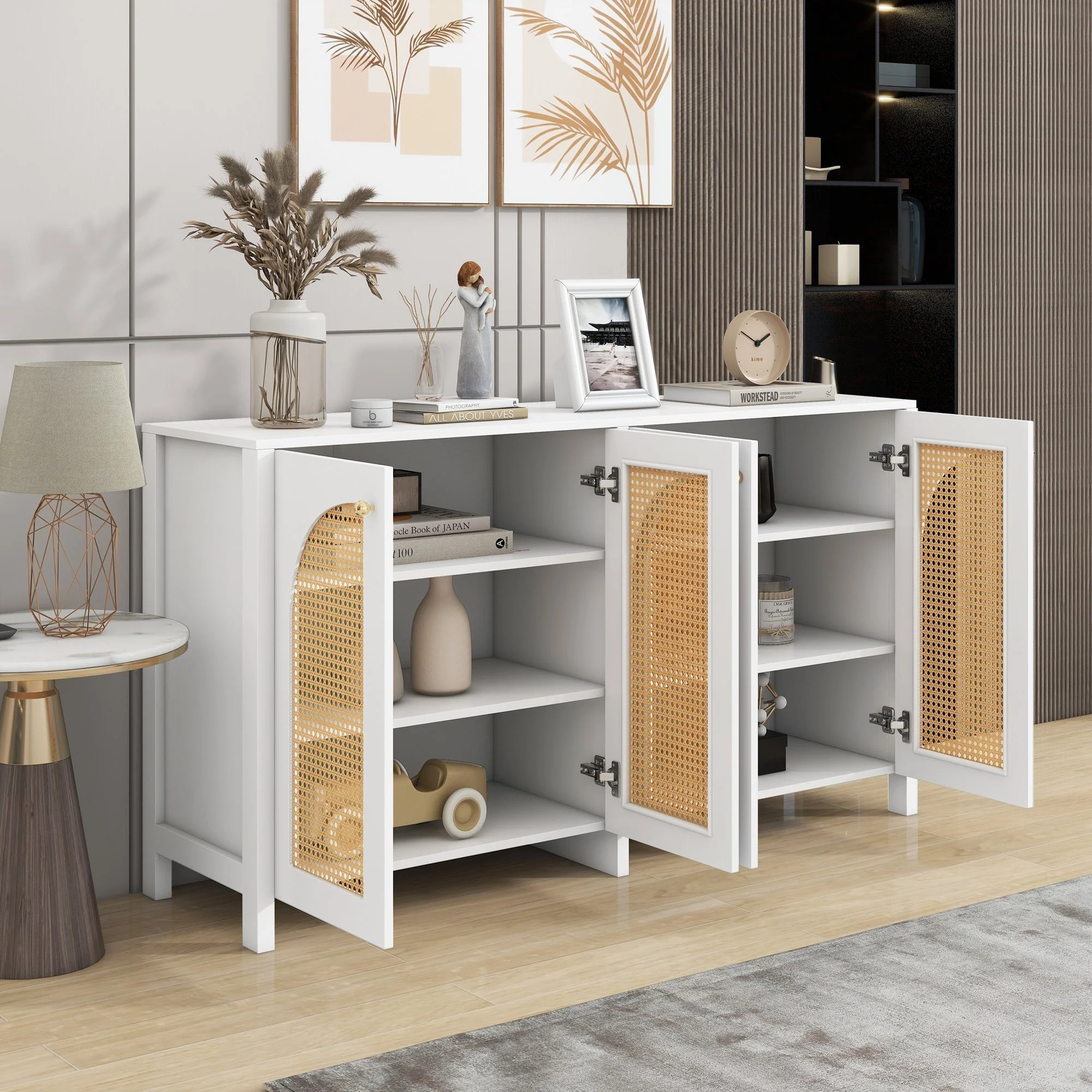 Sideboard, 4 Rattan Doors with Metal Handles, White - Image 4