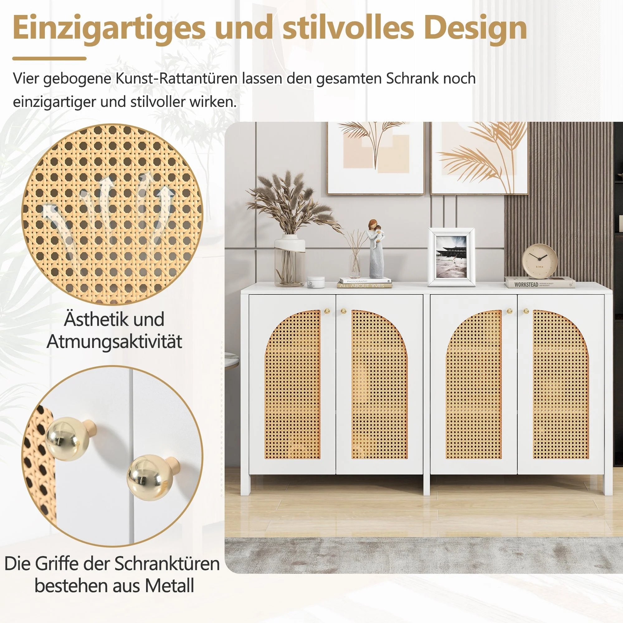Sideboard, 4 Rattan Doors with Metal Handles, White - Image 8