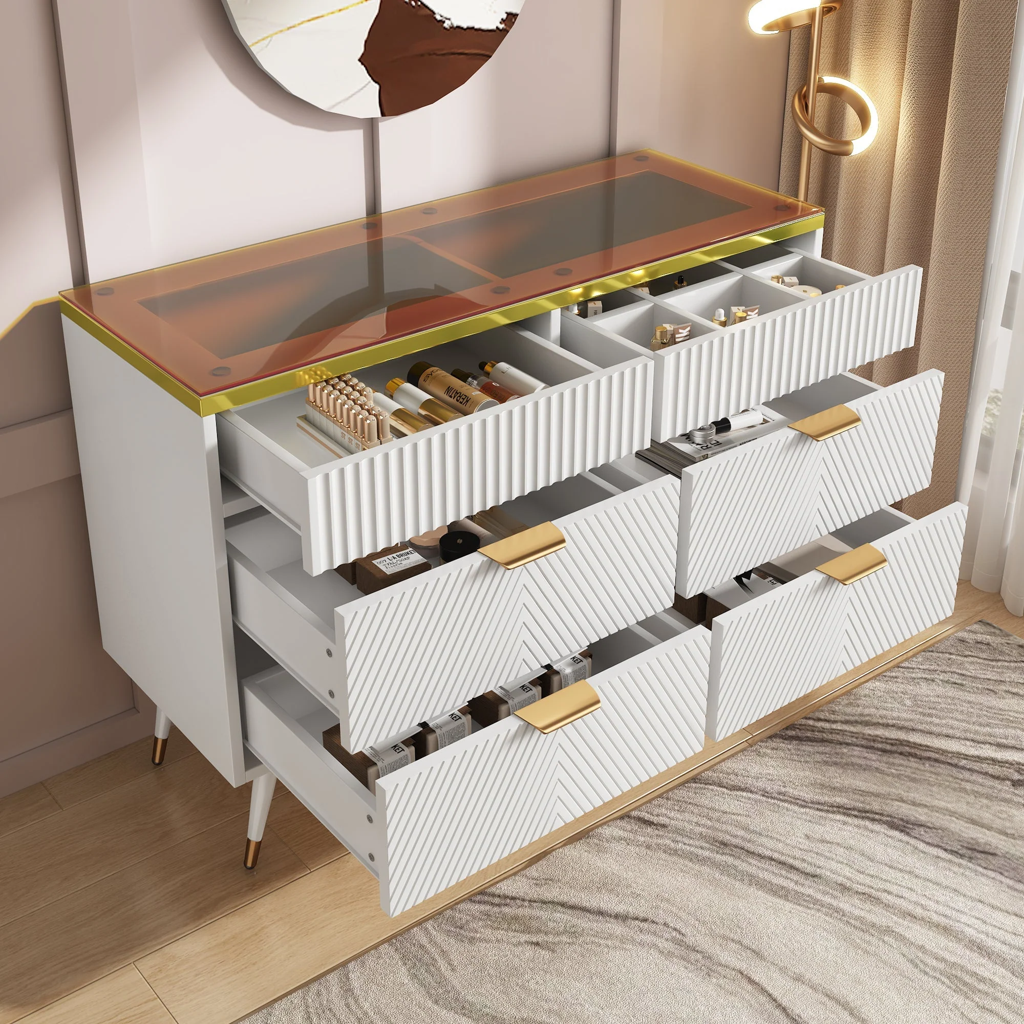 Sideboard, 6-Drawer Amber Glass, White