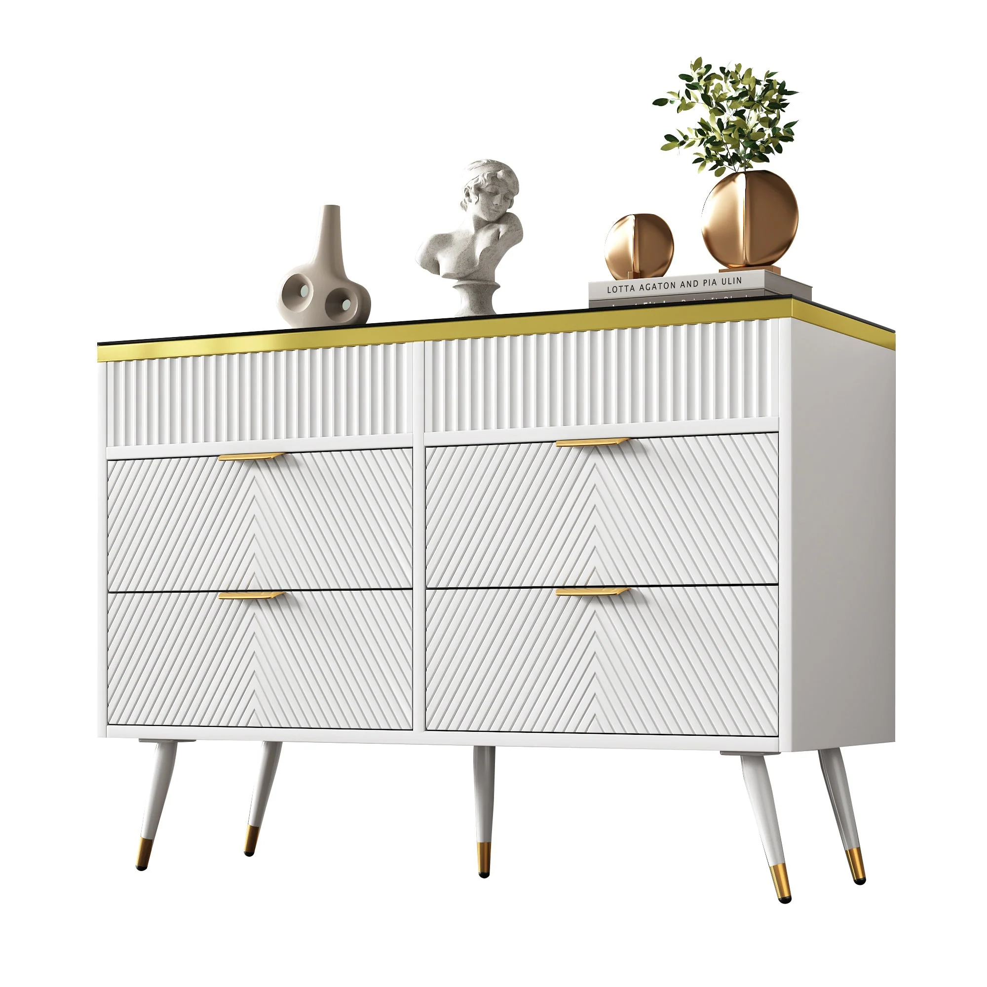 Sideboard, 6-Drawer Amber Glass, White - Image 10