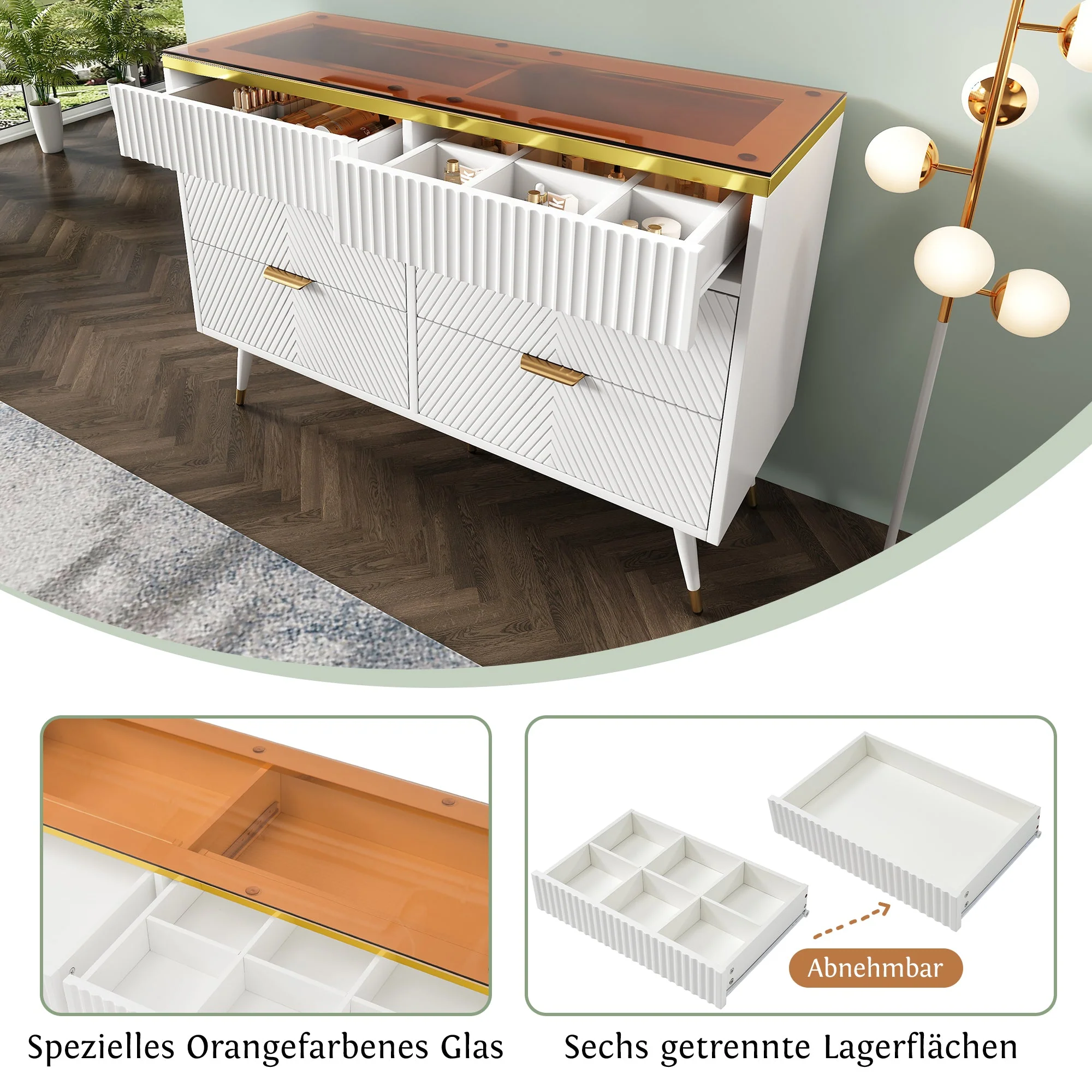 Sideboard, 6-Drawer Amber Glass, White - Image 5