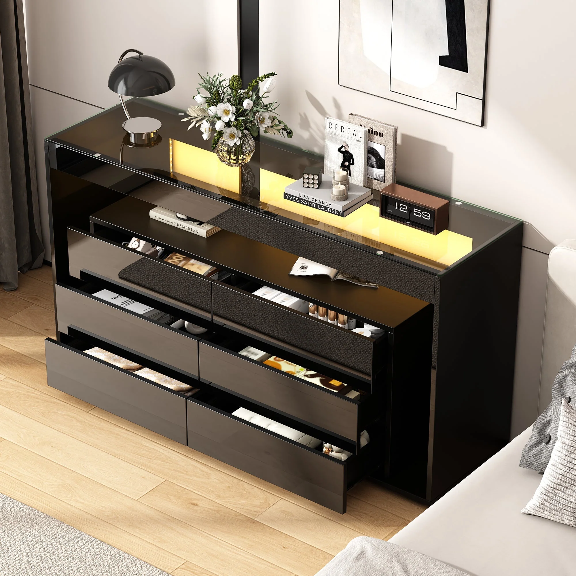 Sideboard, 6-Drawer LED High-Gloss with Tempered Glass Top, Black - Image 9