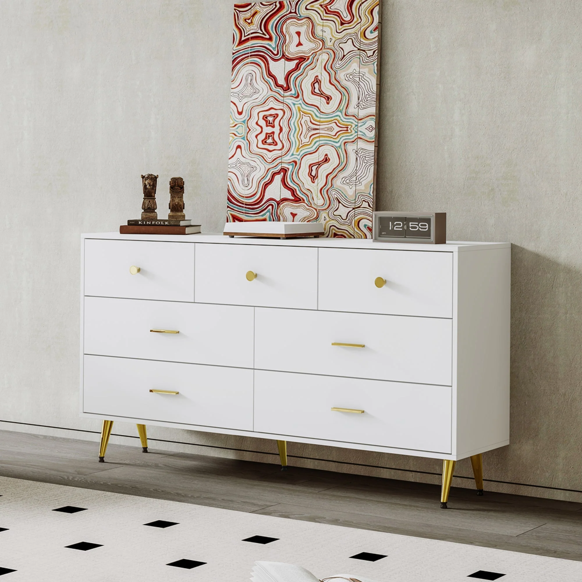 Sideboard, 7-Drawer, Gold Handles & Legs, 140x35x76cm, White - Image 2