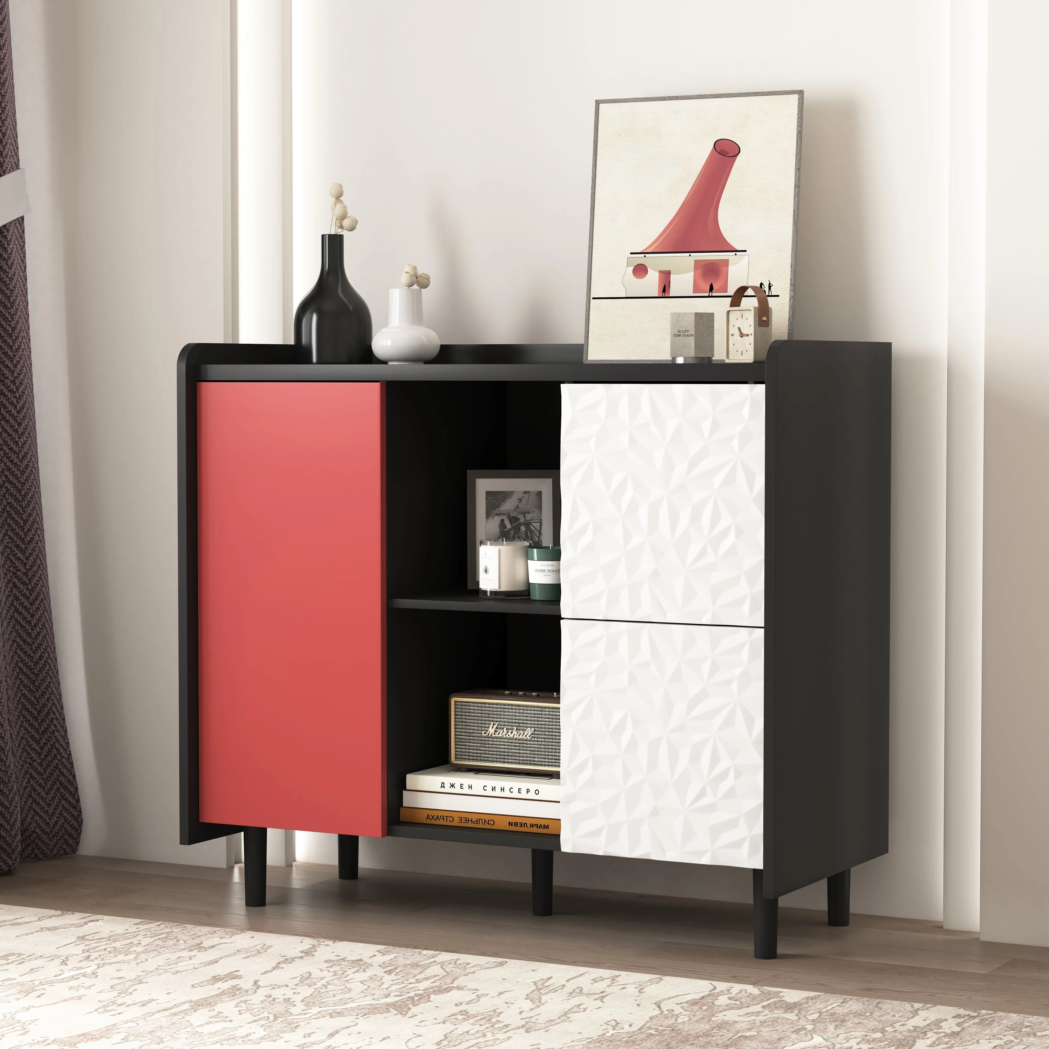 Sideboard Buffet Cabinet with 2 Drawers & Open Storage - Black/Red - Image 6