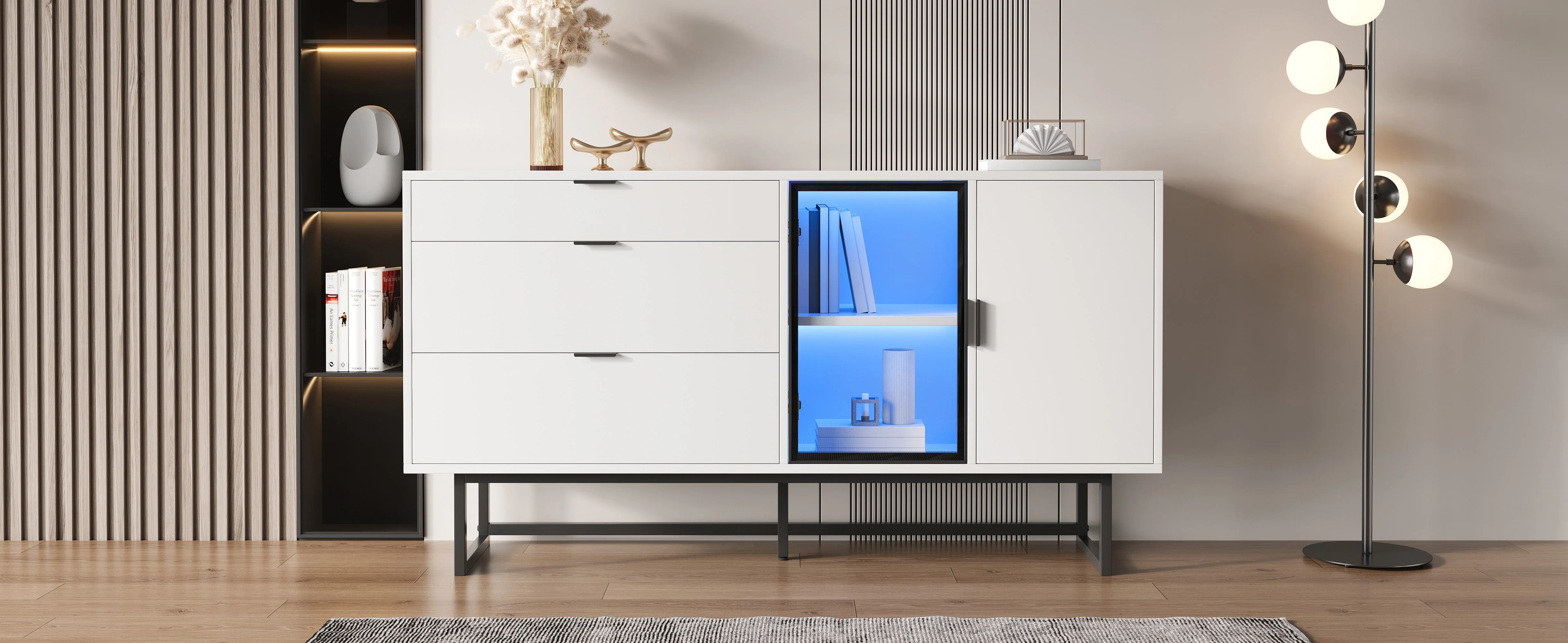Sideboard Buffet Cabinet with 3 Drawers, Glass Doors and LED Lights, White Wood - Image 7