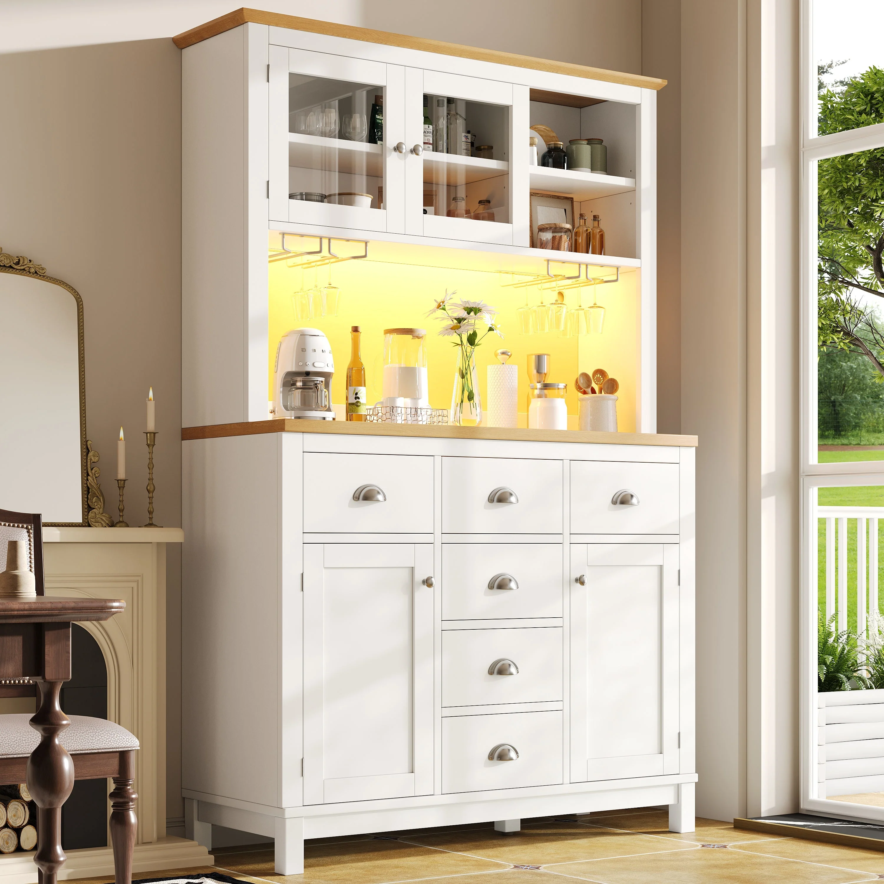 Sideboard Buffet Cabinet with 4 Doors and LED Light Strip, Green and White - Image 4