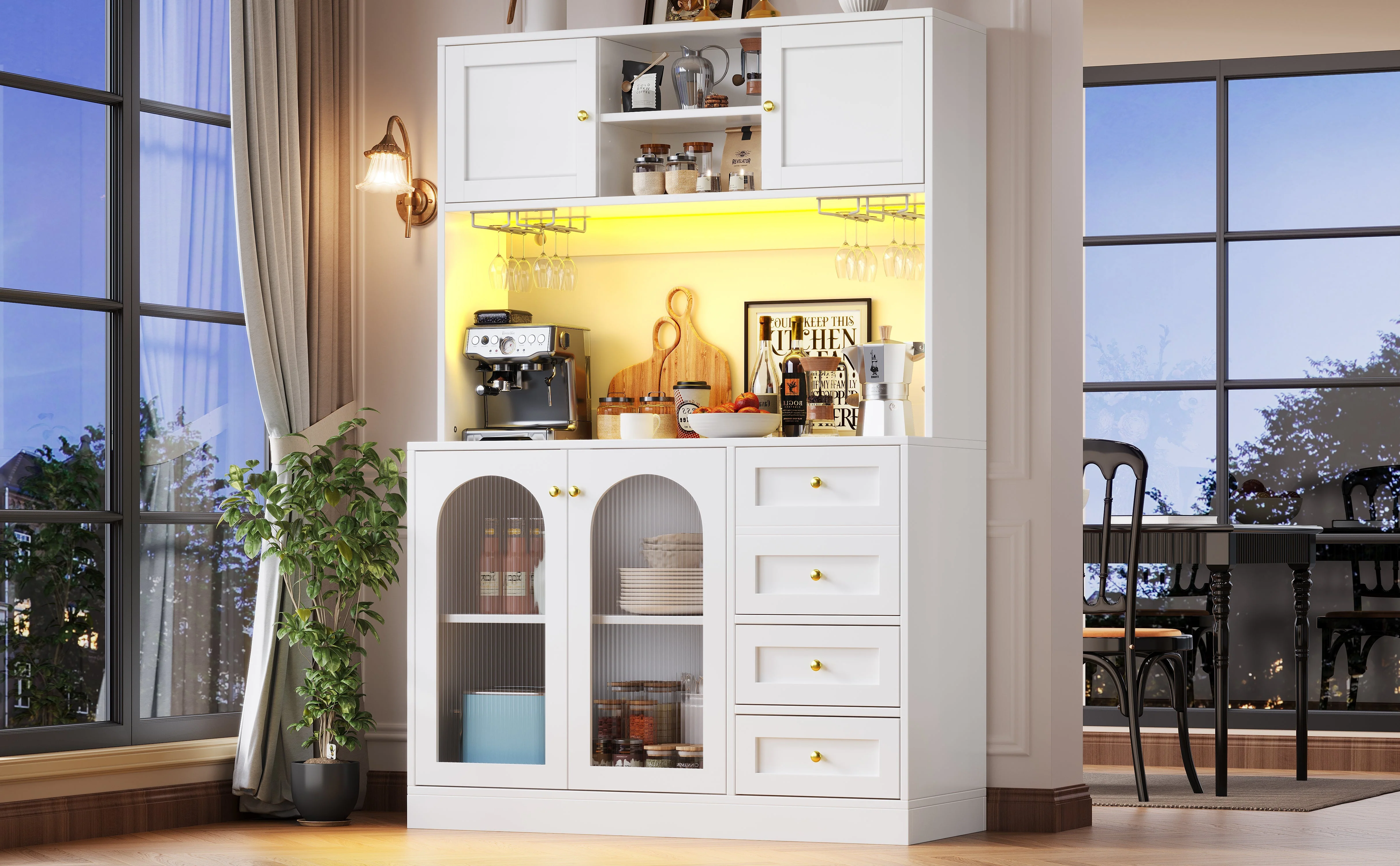 Sideboard Buffet Cabinet with LED Lighting and Fluted Glass Doors, Black and White - Image 6