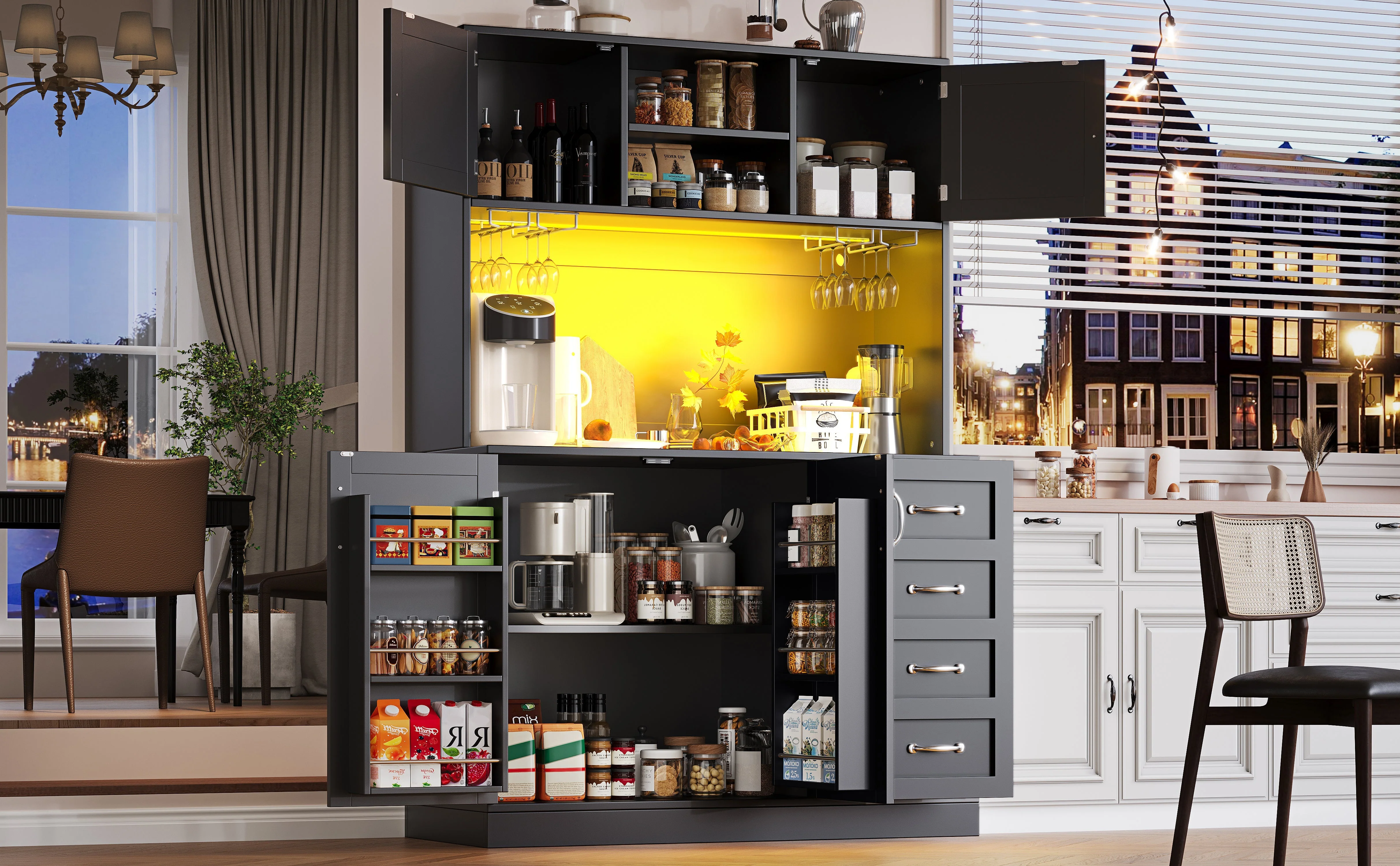 Sideboard Buffet Cabinet with LED Lighting and Snack Shelf, Green, Black and White - Image 6