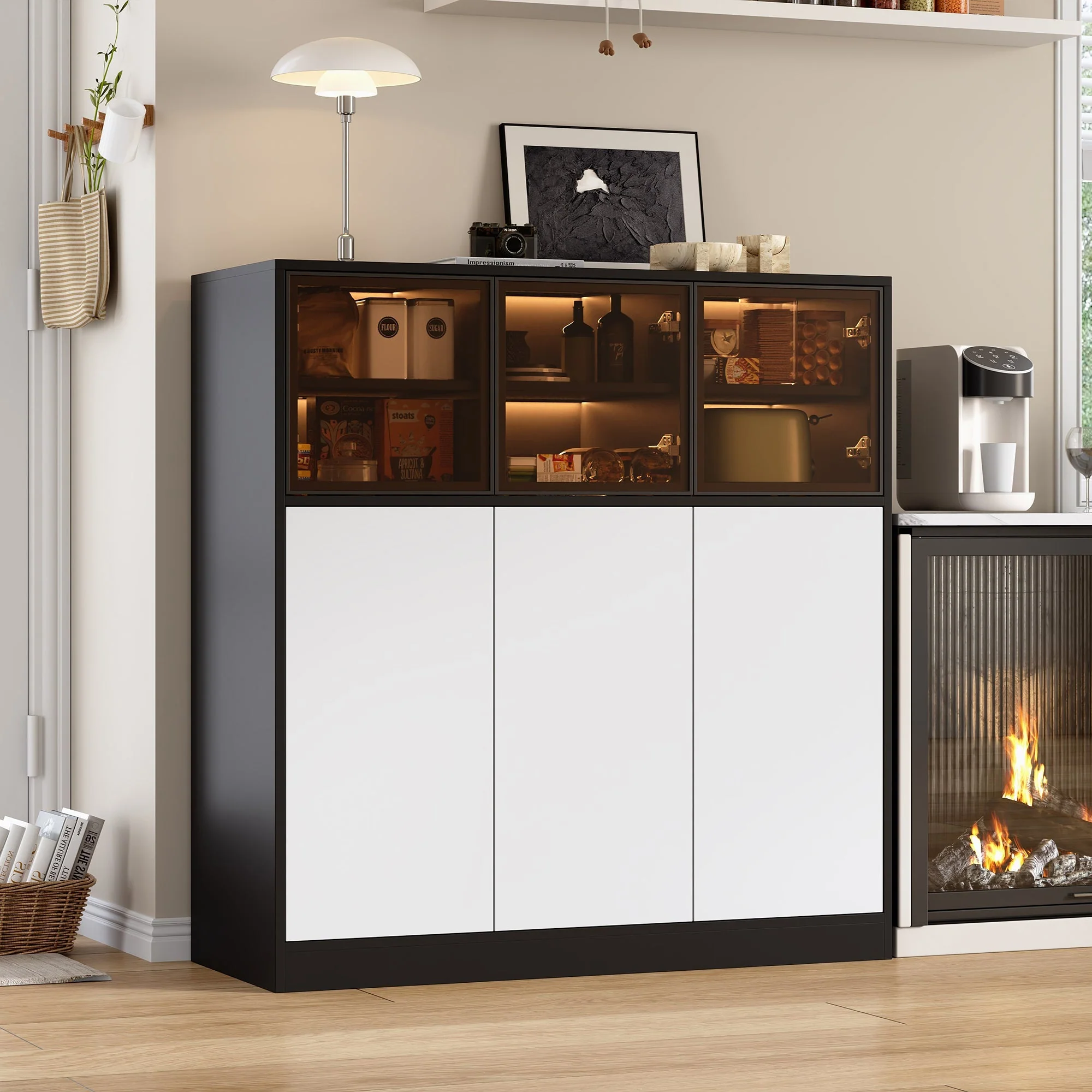 Sideboard Cabinet 100x40x105cm Lighting 3 Glass Doors - White - Image 8