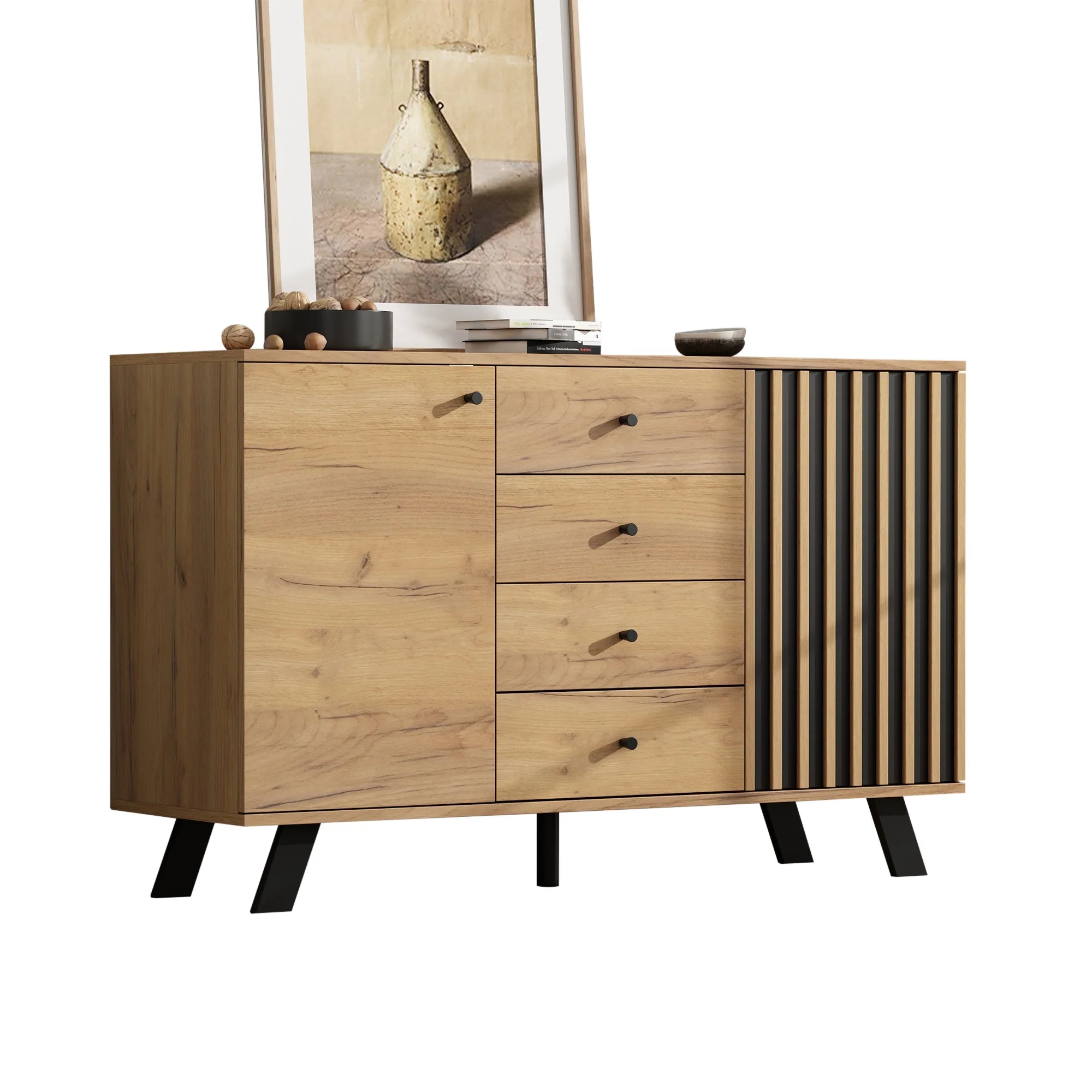 Sideboard Cabinet 120cm Hollow Design 4 Drawers 5 Solid Wood Legs, Wood Color - Image 7